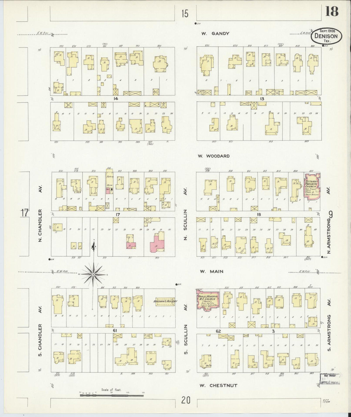 Sanborn Fire Insurance Map from Denison, Grayson County, Texas (1908), Sheet #0018 - Complete Map Set gallery image, historic Sanborn map, vintage wall art, Texas Texas