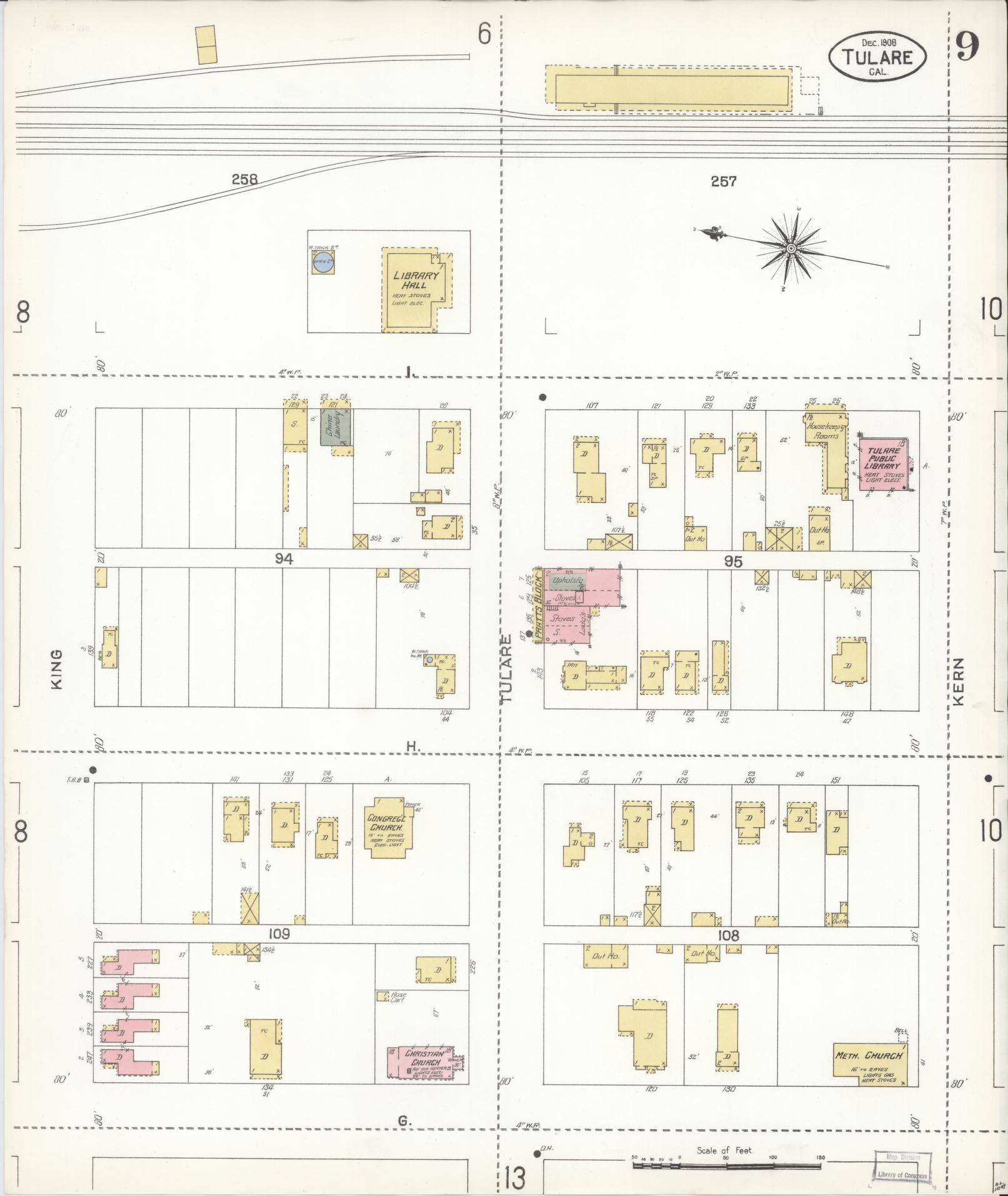 Sanborn Fire Insurance Map from Tulare, Tulare County, California (1906), Sheet #0009 - Complete Map Set gallery image, historic Sanborn map, vintage wall art, California California