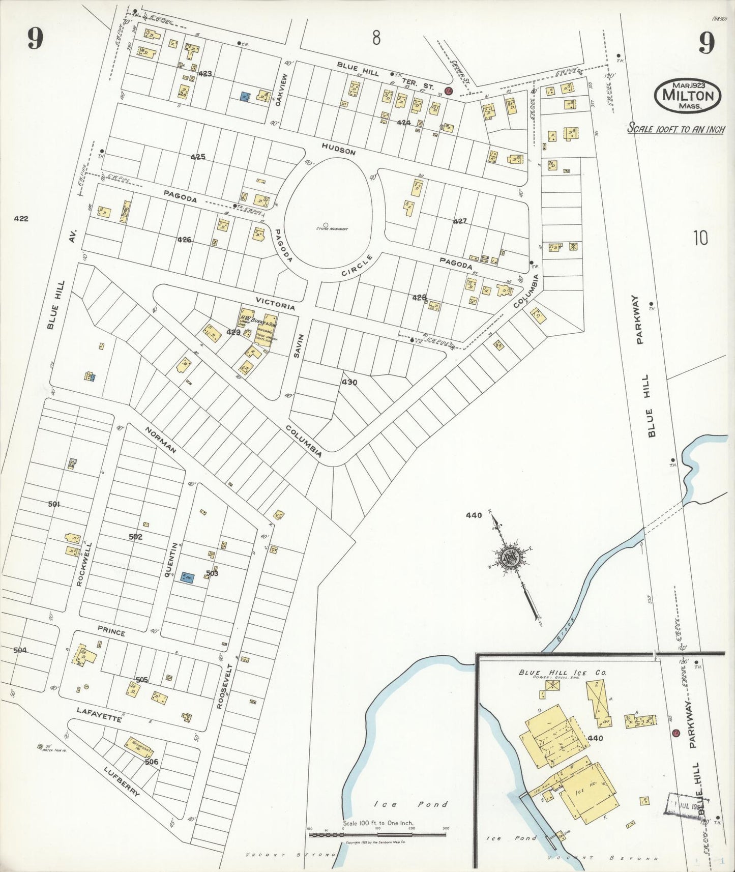 Sanborn Fire Insurance Map from Milton, Norfolk County, Massachusetts (1923), Sheet #0009 - Historic Sanborn Fire Insurance Map Print, vintage old map wall art, antique decor, genealogy gift, Massachusetts Massachusetts map