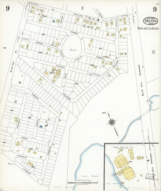 Sanborn Fire Insurance Map from Milton, Norfolk County, Massachusetts (1923), Sheet #0009 - Historic Sanborn Fire Insurance Map Print, vintage old map wall art, antique decor, genealogy gift, Massachusetts Massachusetts map