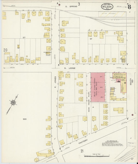 Sanborn Fire Insurance Map from Wilson, Wilson County, North Carolina (1913), Sheet #0008 - Historic Sanborn Fire Insurance Map Print, vintage old map wall art, antique decor, genealogy gift, North Carolina North Carolina map