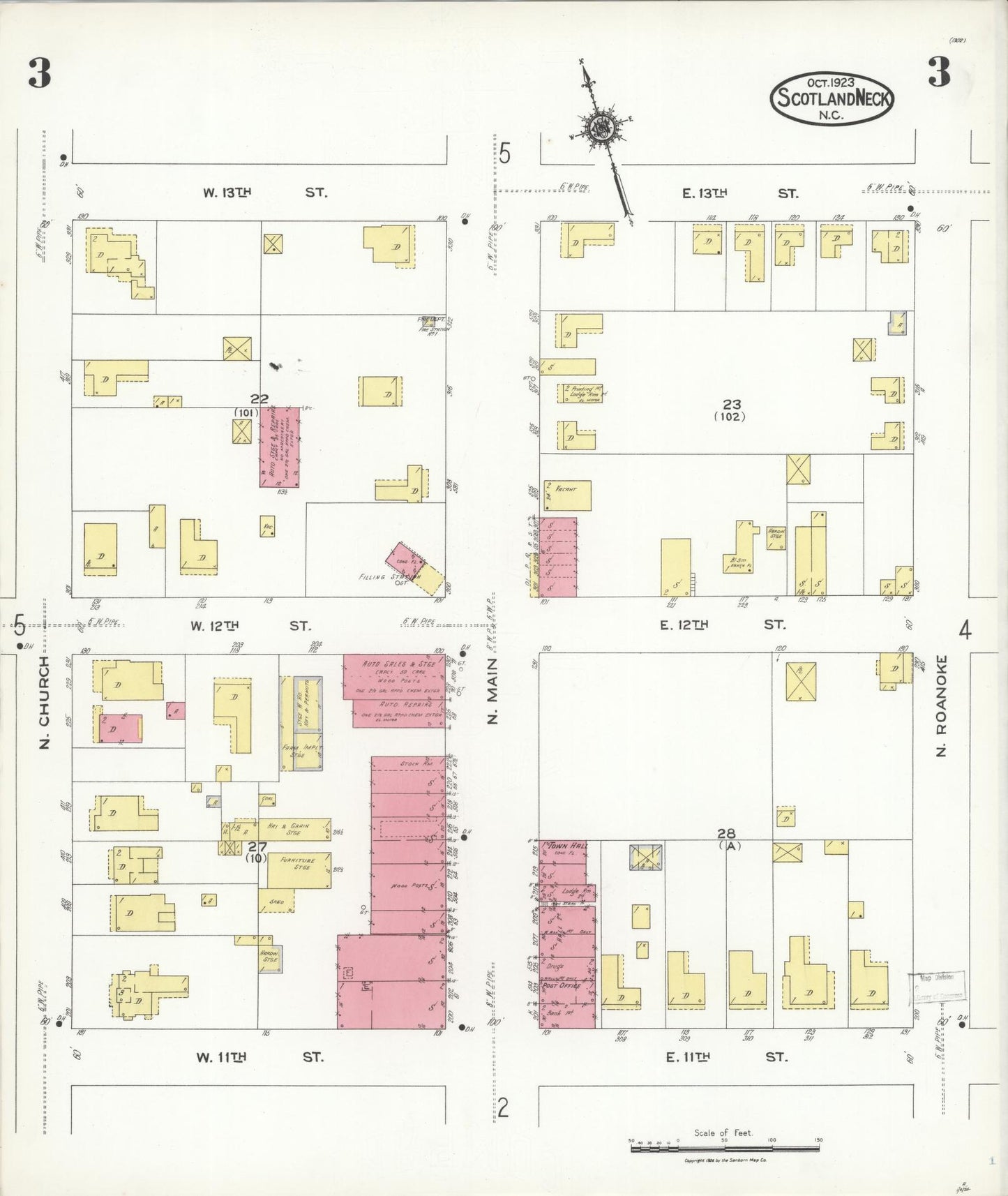 Sanborn Fire Insurance Map from Scotland Neck, Halifax County, North Carolina (1923), Sheet #0003 - Complete Map Set gallery image, historic Sanborn map, vintage wall art, North Carolina North Carolina