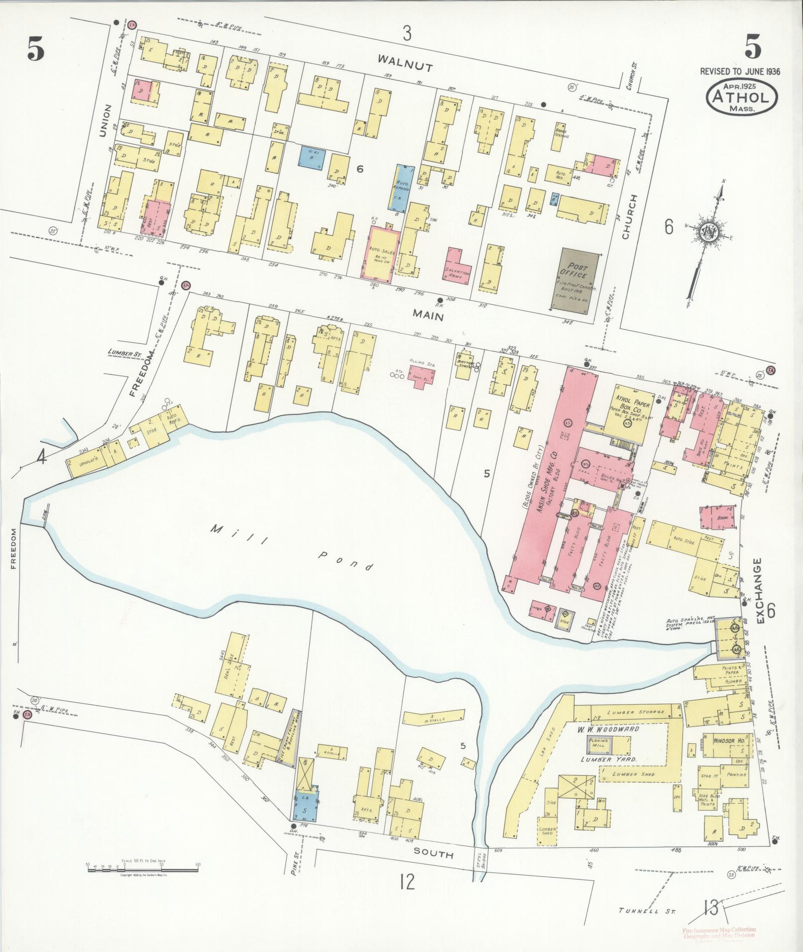 Sanborn Fire Insurance Map from Athol, Worcester County, Massachusetts (1936), Sheet #0005 - Historic Sanborn Fire Insurance Map Print, vintage old map wall art, antique decor, genealogy gift, Massachusetts Massachusetts map