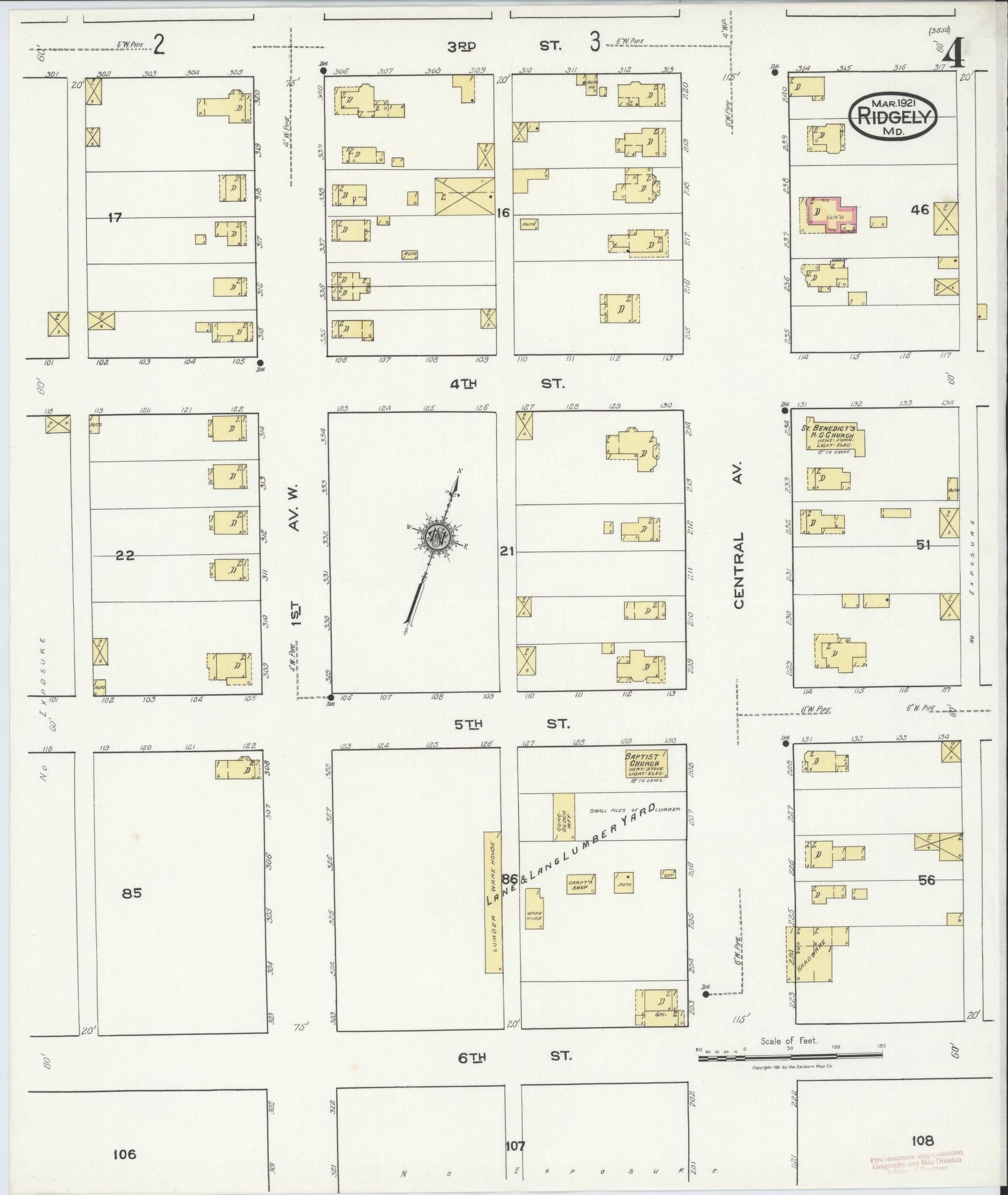 Sanborn Fire Insurance Map from Ridgely, Caroline County, Maryland (1921), Sheet #0004 - Historic Sanborn Fire Insurance Map Print, vintage old map wall art