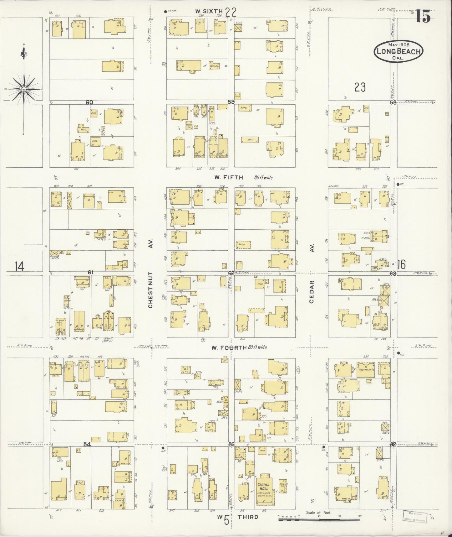 Sanborn Fire Insurance Map from Long Beach, Los Angeles County, California (1908), Sheet #0015 - Historic Sanborn Fire Insurance Map Print, vintage old map wall art, antique decor, genealogy gift, California California map