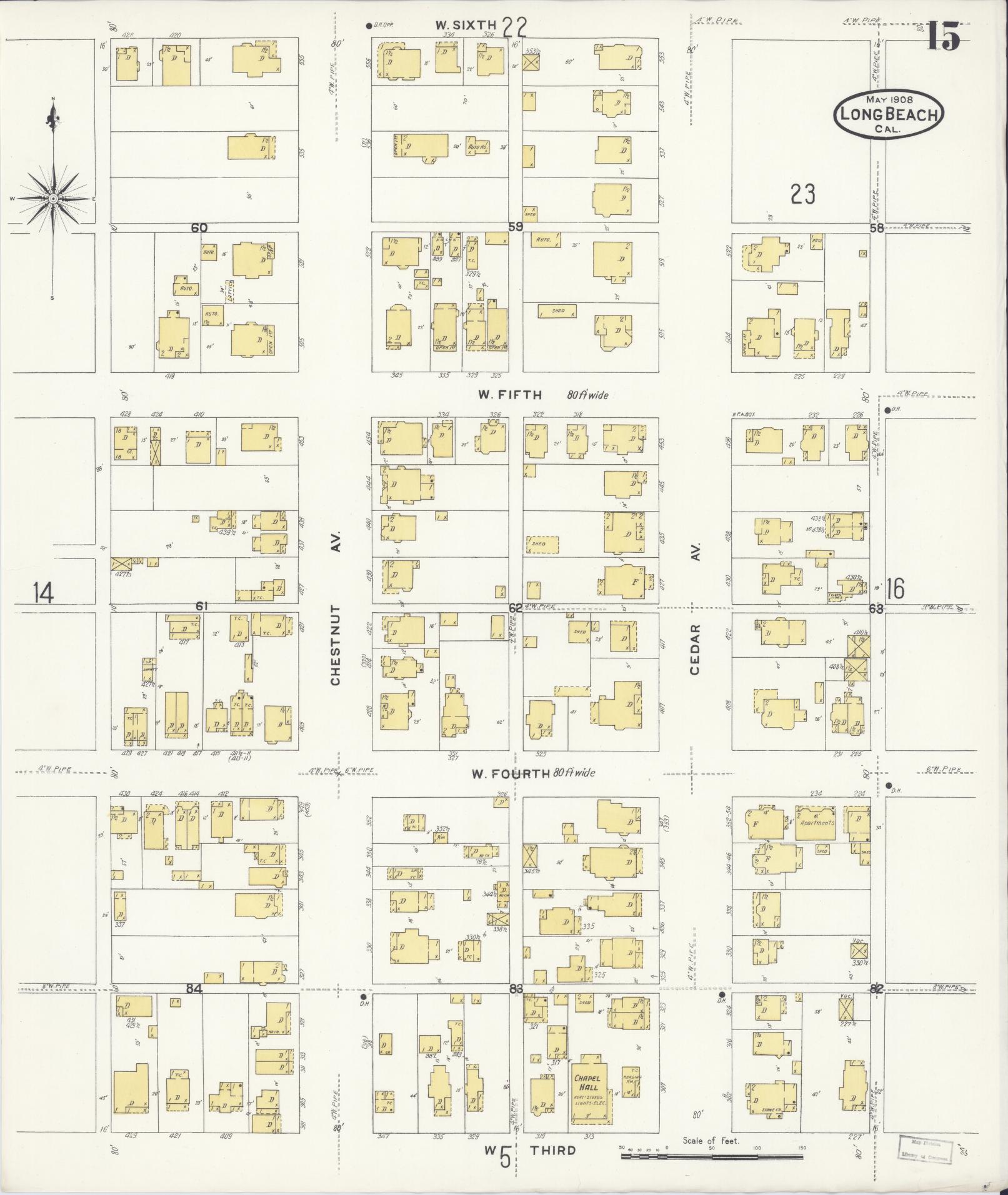 Sanborn Fire Insurance Map from Long Beach, Los Angeles County, California (1908), Sheet #0015 - Historic Sanborn Fire Insurance Map Print, vintage old map wall art, antique decor, genealogy gift, California California map