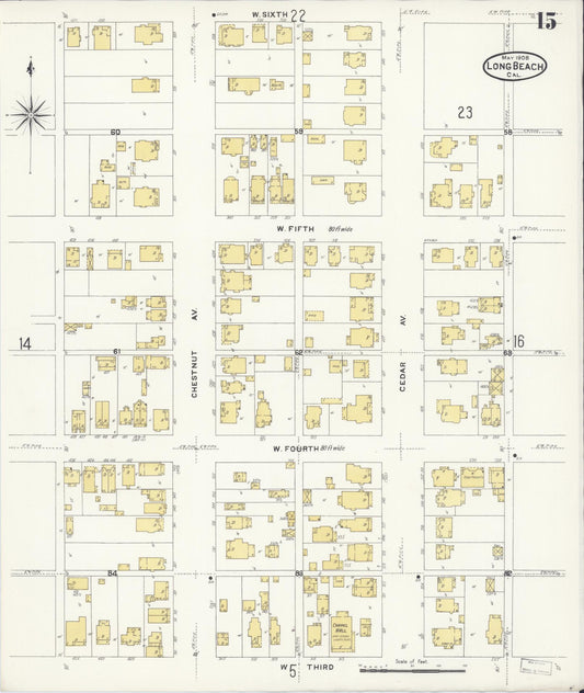 Sanborn Fire Insurance Map from Long Beach, Los Angeles County, California (1908), Sheet #0015 - Historic Sanborn Fire Insurance Map Print, vintage old map wall art, antique decor, genealogy gift, California California map