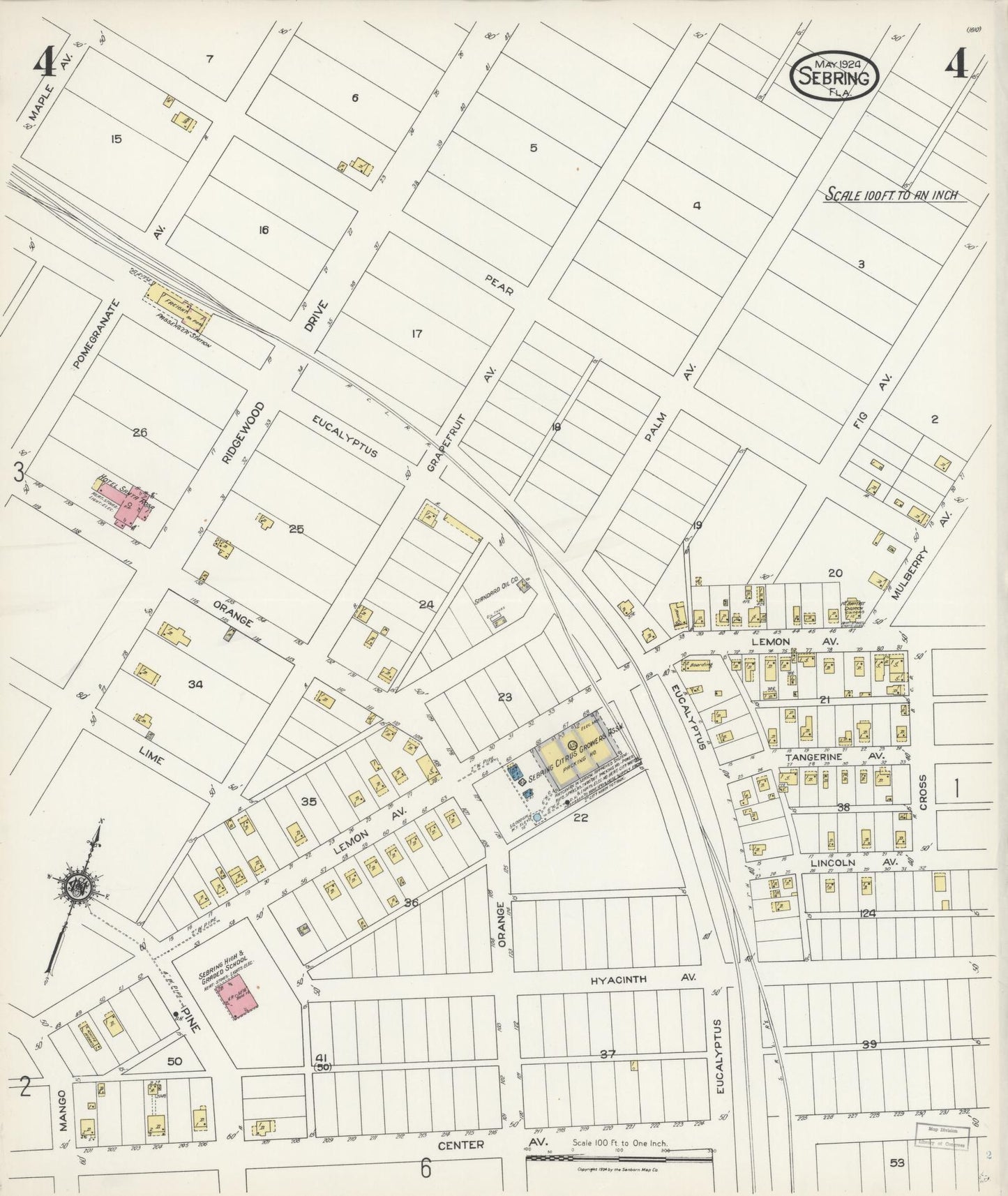 Sanborn Fire Insurance Map from Sebring, Highlands County, Florida (1924), Sheet #0004 - Historic Sanborn Fire Insurance Map Print, vintage old map wall art, antique decor, genealogy gift, Florida Florida map