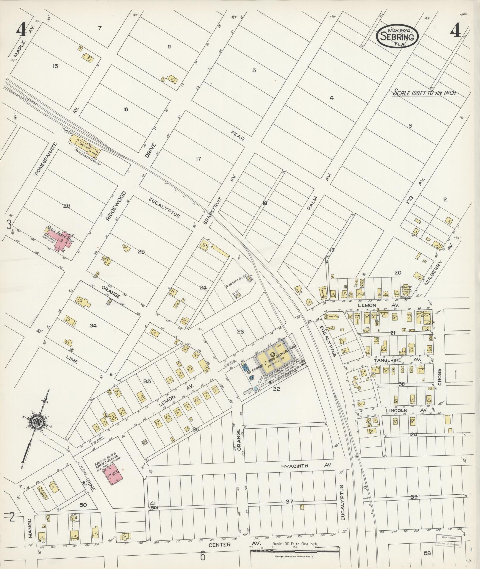 Sanborn Fire Insurance Map from Sebring, Highlands County, Florida (1924), Sheet #0004 - Historic Sanborn Fire Insurance Map Print, vintage old map wall art, antique decor, genealogy gift, Florida Florida map