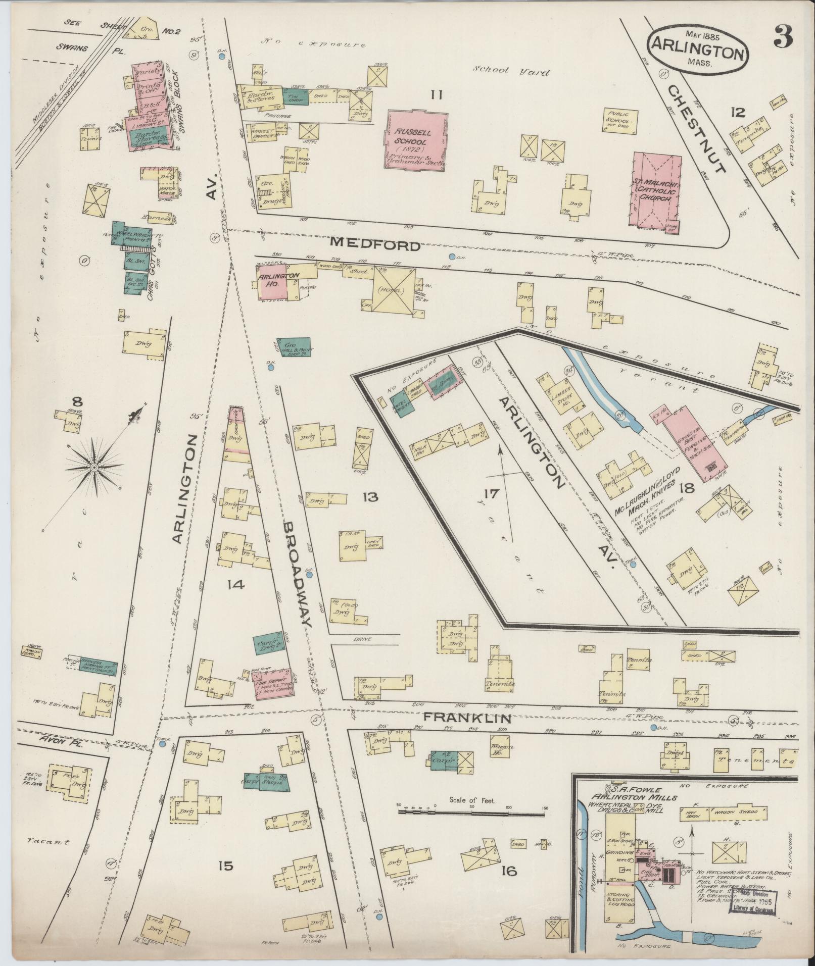 Sanborn Fire Insurance Map from Arlington, Middlesex County, Massachusetts (1885), Sheet #0003 - Complete Map Set gallery image, historic Sanborn map, vintage wall art, Massachusetts Massachusetts