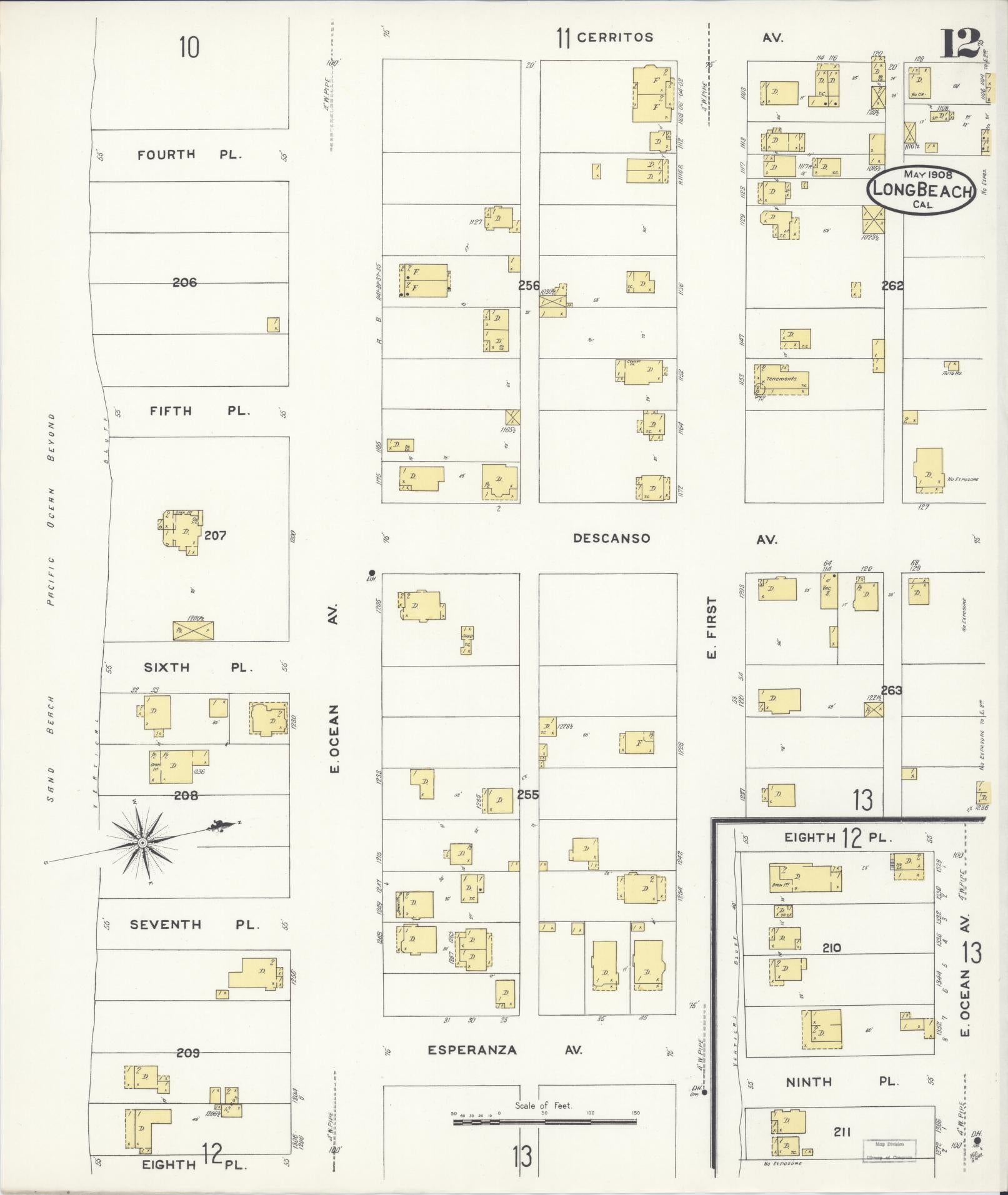 Sanborn Fire Insurance Map from Long Beach, Los Angeles County, California (1908), Sheet #0012 - Historic Sanborn Fire Insurance Map Print, vintage old map wall art, antique decor, genealogy gift, California California map