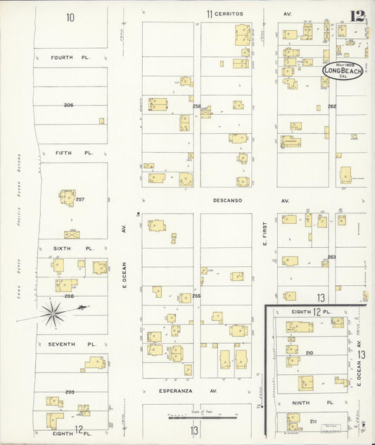 Sanborn Fire Insurance Map from Long Beach, Los Angeles County, California (1908), Sheet #0012 - Historic Sanborn Fire Insurance Map Print, vintage old map wall art, antique decor, genealogy gift, California California map