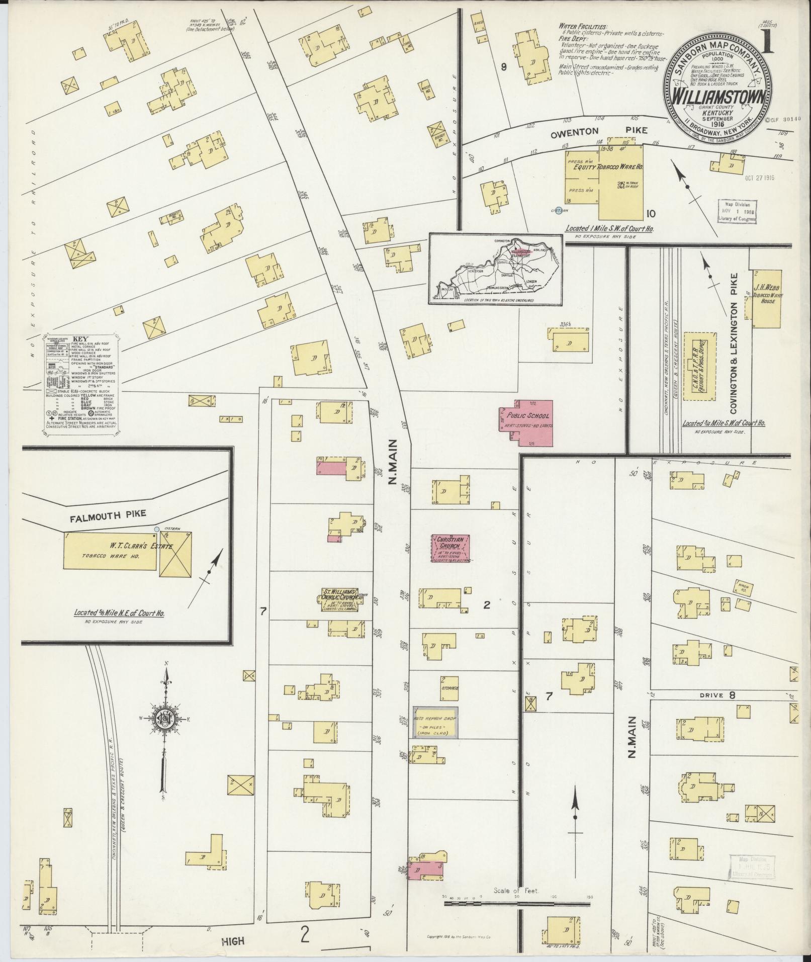 Sanborn Fire Insurance Map from Williamstown, Grant County, Kentucky (1916), Sheet #0001 - Complete Map Set gallery image, historic Sanborn map, vintage wall art, Kentucky Kentucky