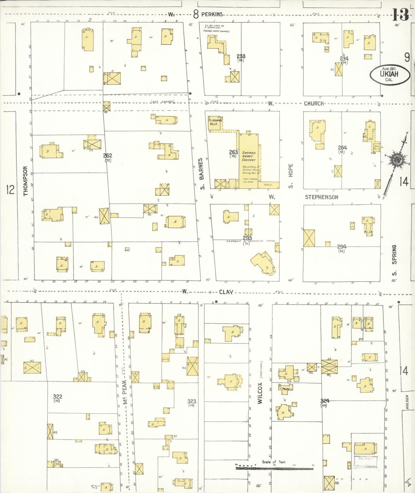 Sanborn Fire Insurance Map from Ukiah, Mendocino County, California (1911), Sheet #0013 - Complete Map Set gallery image, historic Sanborn map, vintage wall art, California California