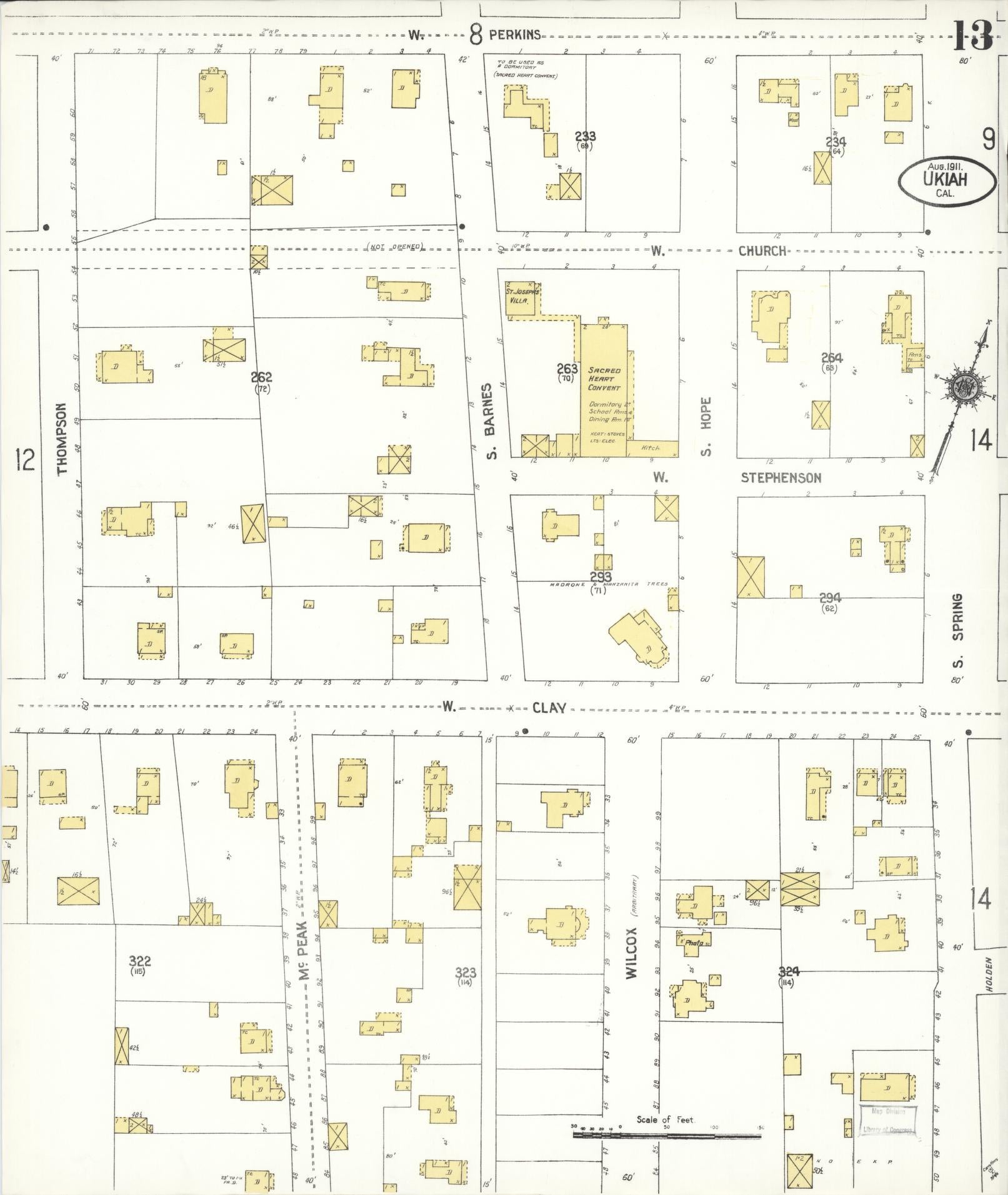 Sanborn Fire Insurance Map from Ukiah, Mendocino County, California (1911), Sheet #0013 - Complete Map Set gallery image, historic Sanborn map, vintage wall art, California California