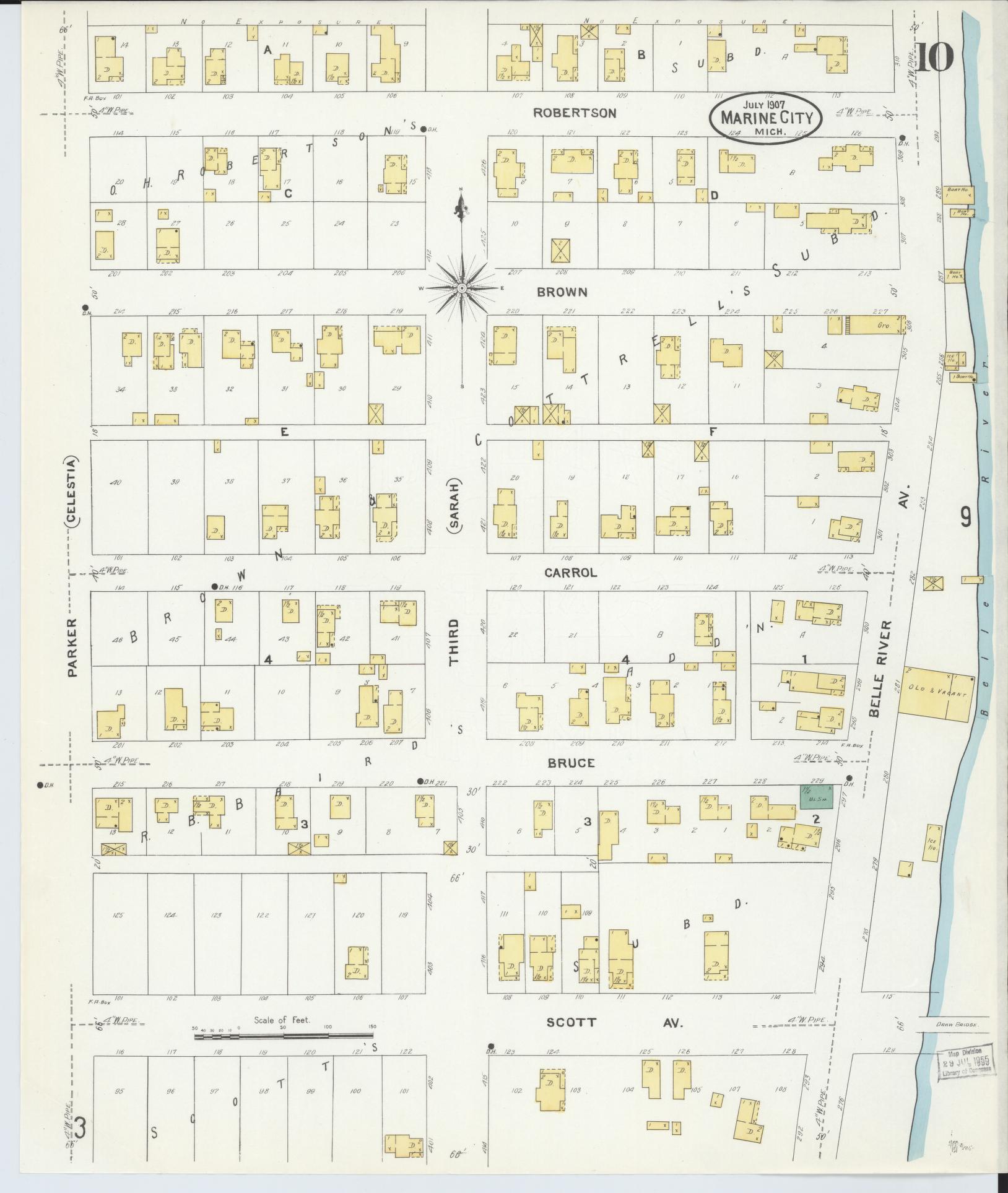 Sanborn Fire Insurance Map from Marine City, Saint Clair County, Michigan (1907), Sheet #0010 - Complete Map Set gallery image, historic Sanborn map, vintage wall art, Michigan Michigan