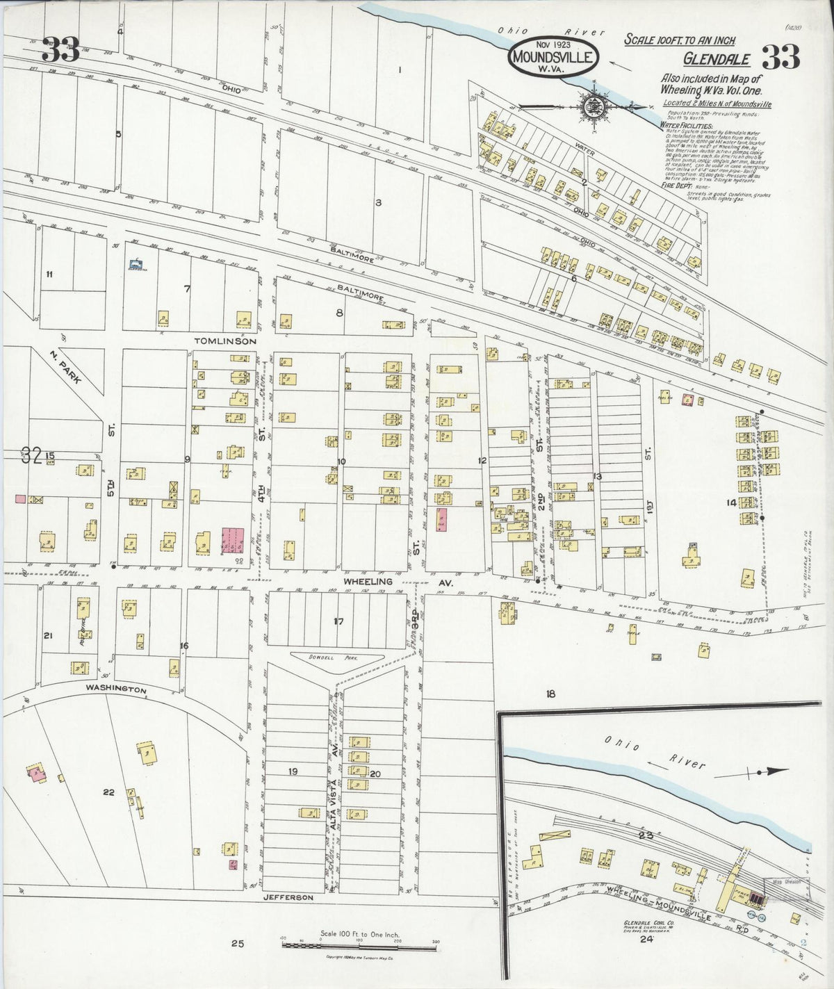 Sanborn Fire Insurance Map from Moundsville, Marshall County, West Virginia (1923), Sheet #0033 - Complete Map Set gallery image, historic Sanborn map, vintage wall art, West Virginia West Virginia