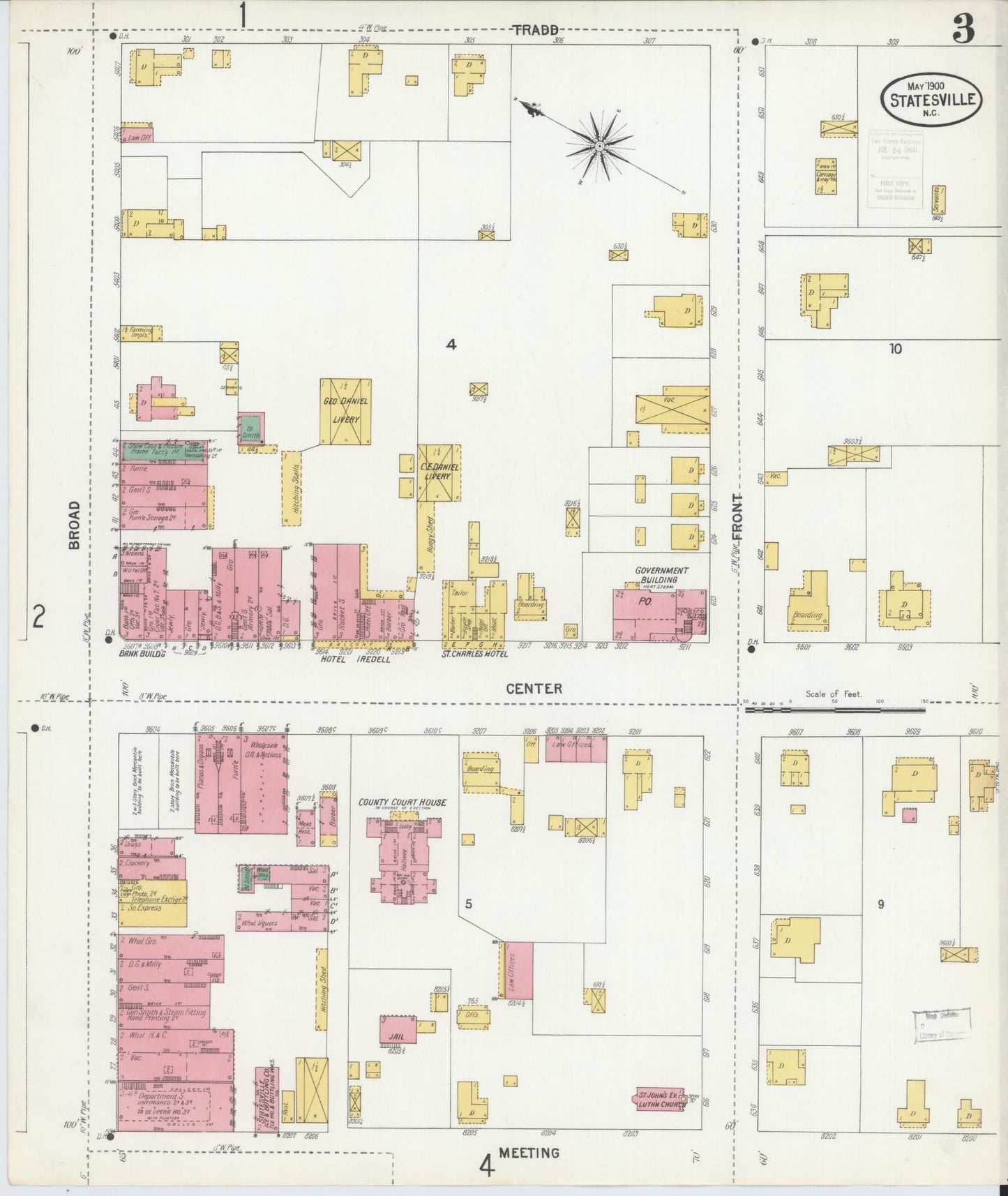 Sanborn Fire Insurance Map from Statesville, Iredell County, North Carolina (1900), Sheet #0003 - Complete Map Set gallery image, historic Sanborn map, vintage wall art, North Carolina North Carolina