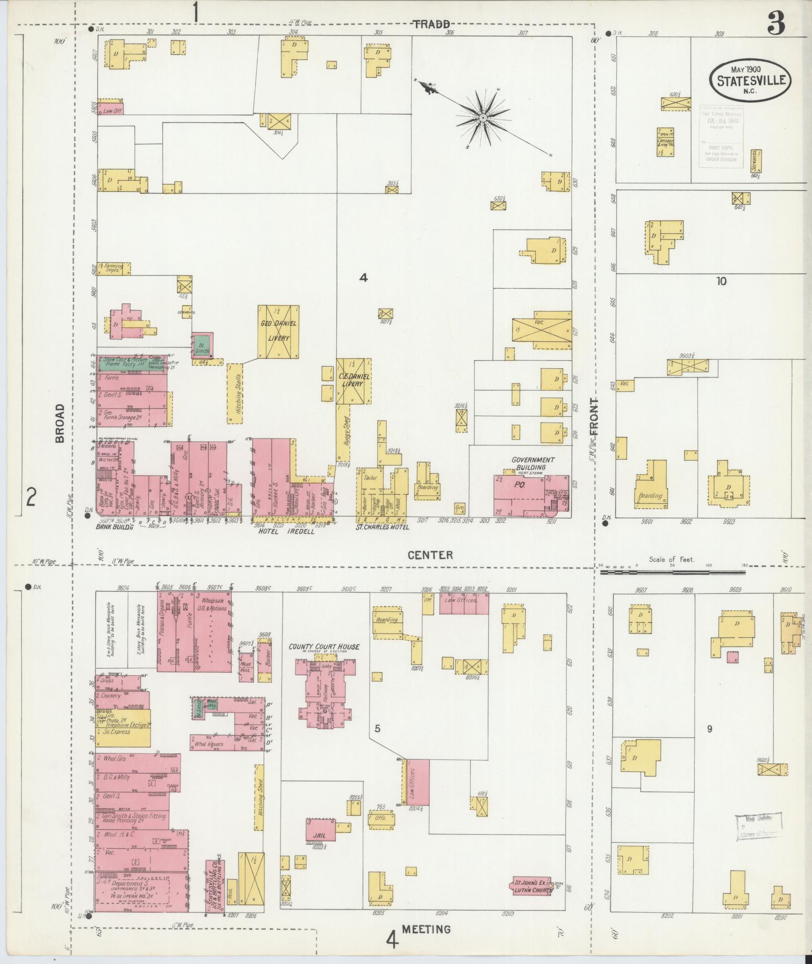 Sanborn Fire Insurance Map from Statesville, Iredell County, North Carolina (1900), Sheet #0003 - Complete Map Set gallery image, historic Sanborn map, vintage wall art, North Carolina North Carolina