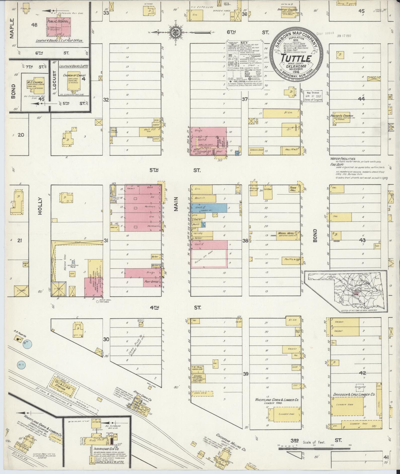 Sanborn Fire Insurance Map from Tuttle, Grady County, Oklahoma (1916), Sheet #0001 - Historic Sanborn Fire Insurance Map Print, vintage old map wall art, antique decor, genealogy gift, Oklahoma Oklahoma map