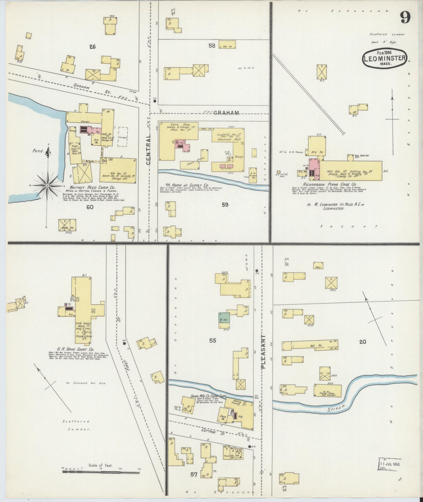 Sanborn Fire Insurance Map from Leominster, Worcester County, Massachusetts (1896), Sheet #0009 - Complete Map Set gallery image, historic Sanborn map, vintage wall art, Massachusetts Massachusetts