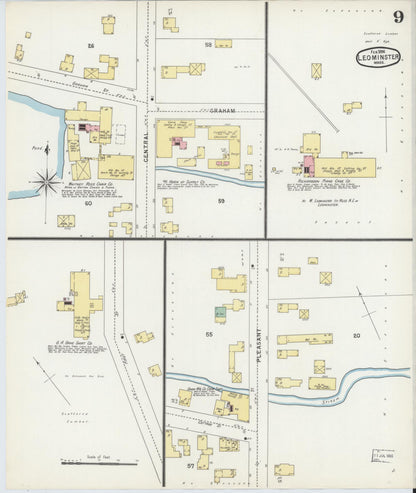 Sanborn Fire Insurance Map from Leominster, Worcester County, Massachusetts (1896), Sheet #0009 - Complete Map Set gallery image, historic Sanborn map, vintage wall art, Massachusetts Massachusetts