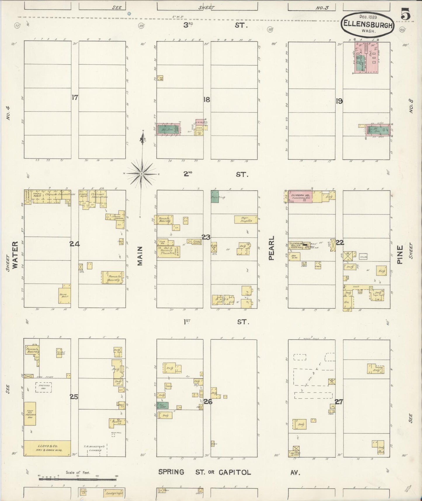 Sanborn Fire Insurance Map from Ellensburg, Kittitas County, Washington (1889), Sheet #0005 - Complete Map Set gallery image, historic Sanborn map, vintage wall art, Washington Washington