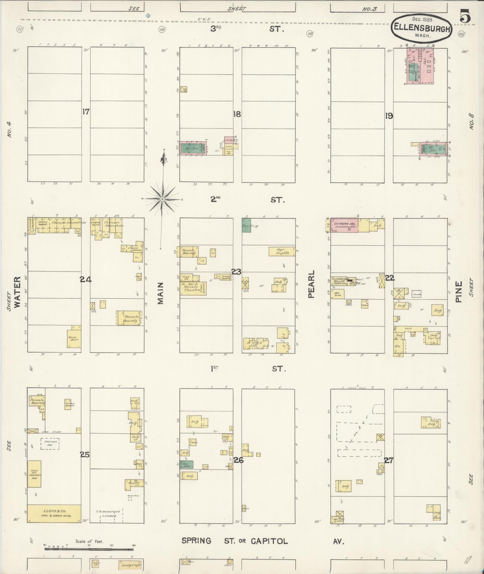 Sanborn Fire Insurance Map from Ellensburg, Kittitas County, Washington (1889), Sheet #0005 - Complete Map Set gallery image, historic Sanborn map, vintage wall art, Washington Washington