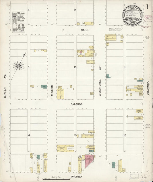 Sanborn Fire Insurance Map from Wenatchee, Chelan County, Washington (1894), Sheet #0001 - Historic Sanborn Fire Insurance Map Print, vintage old map wall art, antique decor, genealogy gift, Washington Washington map