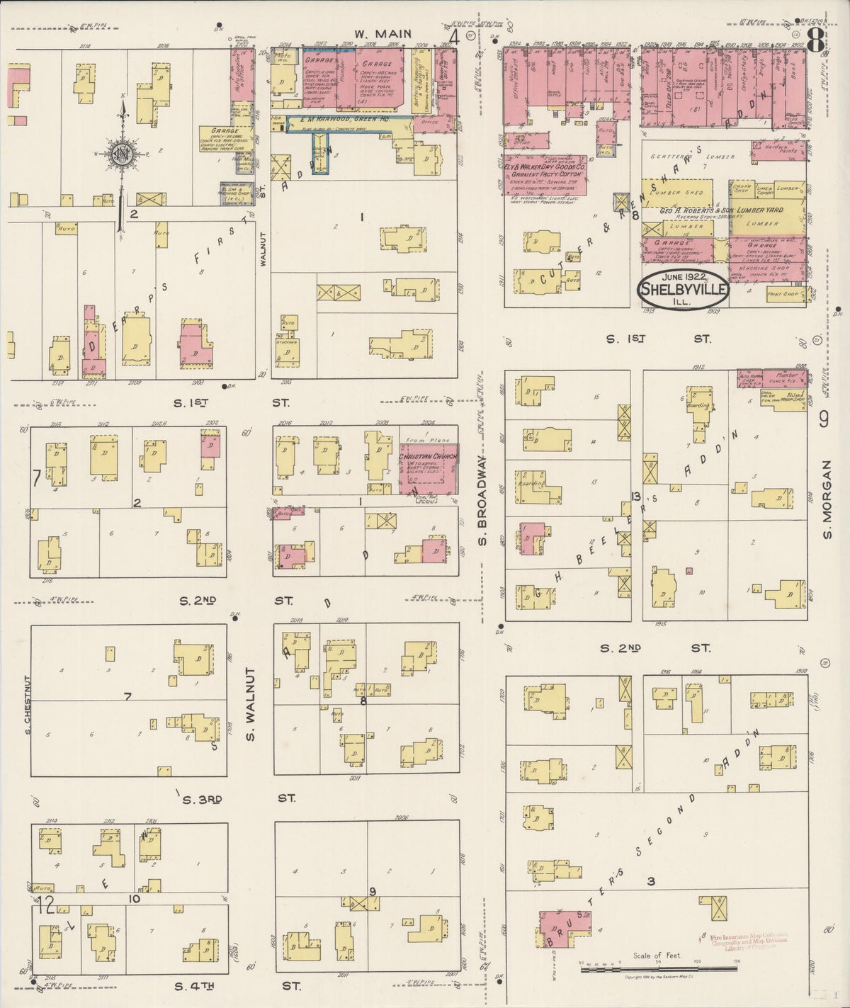 Sanborn Fire Insurance Map from Shelbyville, Shelby County, Illinois (1922), Sheet #0008 - Historic Sanborn Fire Insurance Map Print, vintage old map wall art, antique decor, genealogy gift, Illinois Illinois map
