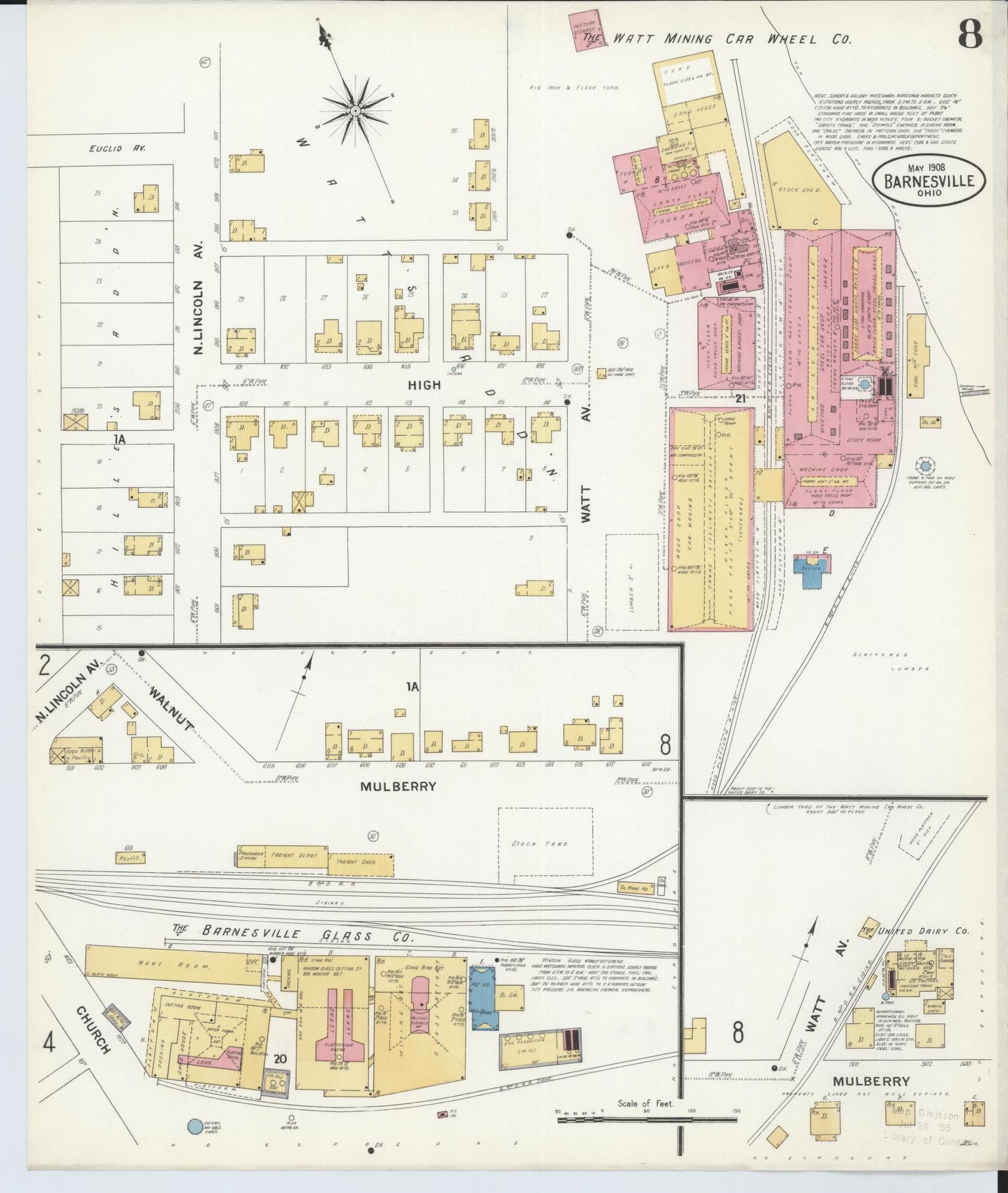 Sanborn Fire Insurance Map from Barnesville, Belmont County, Ohio (1908), Sheet #0008 - Historic Sanborn Fire Insurance Map Print, vintage old map wall art, antique decor, genealogy gift, Ohio Ohio map