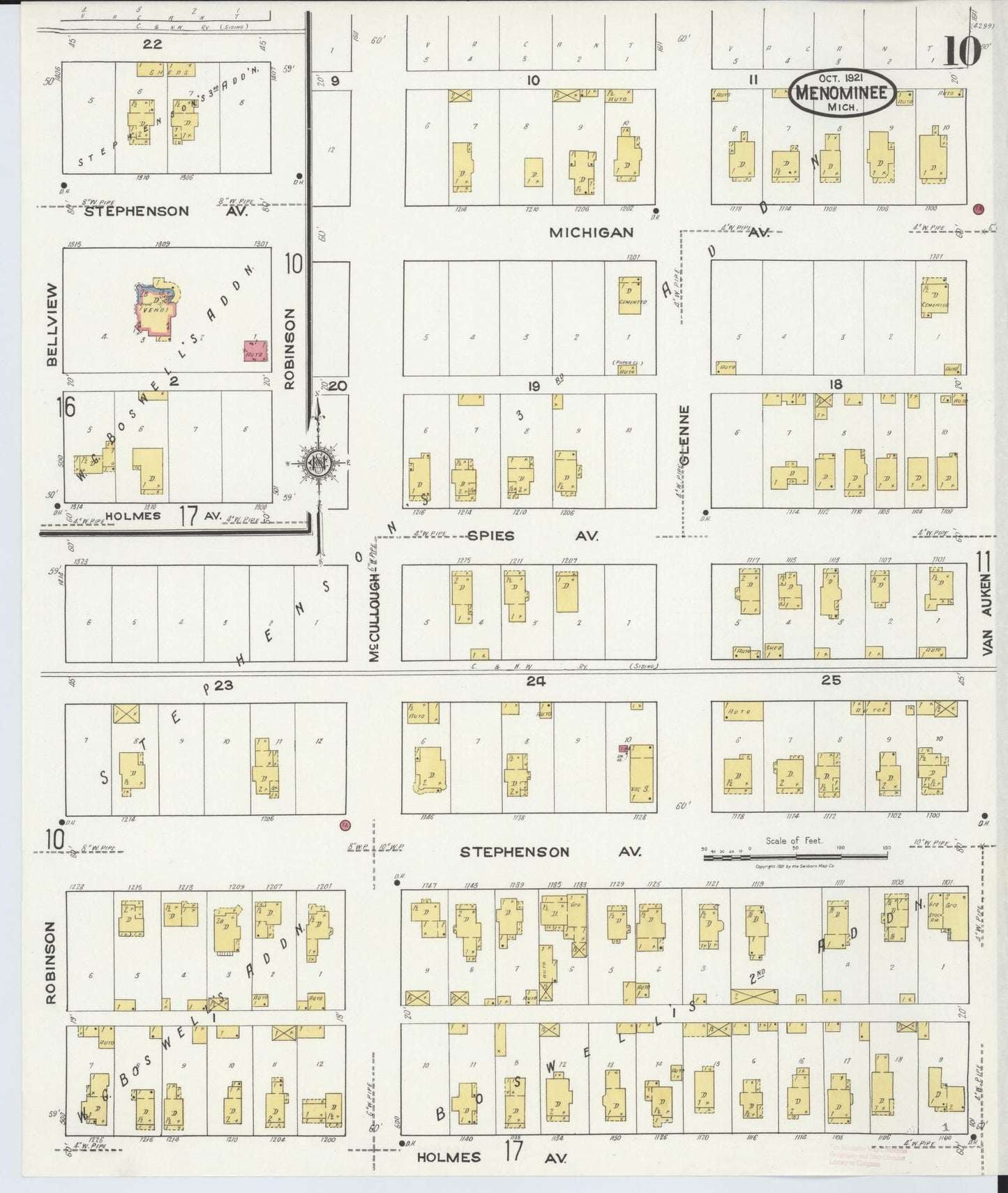 Sanborn Fire Insurance Map from Menominee, Menominee County, Michigan (1921), Sheet #0010 - Complete Map Set gallery image, historic Sanborn map, vintage wall art, Michigan Michigan