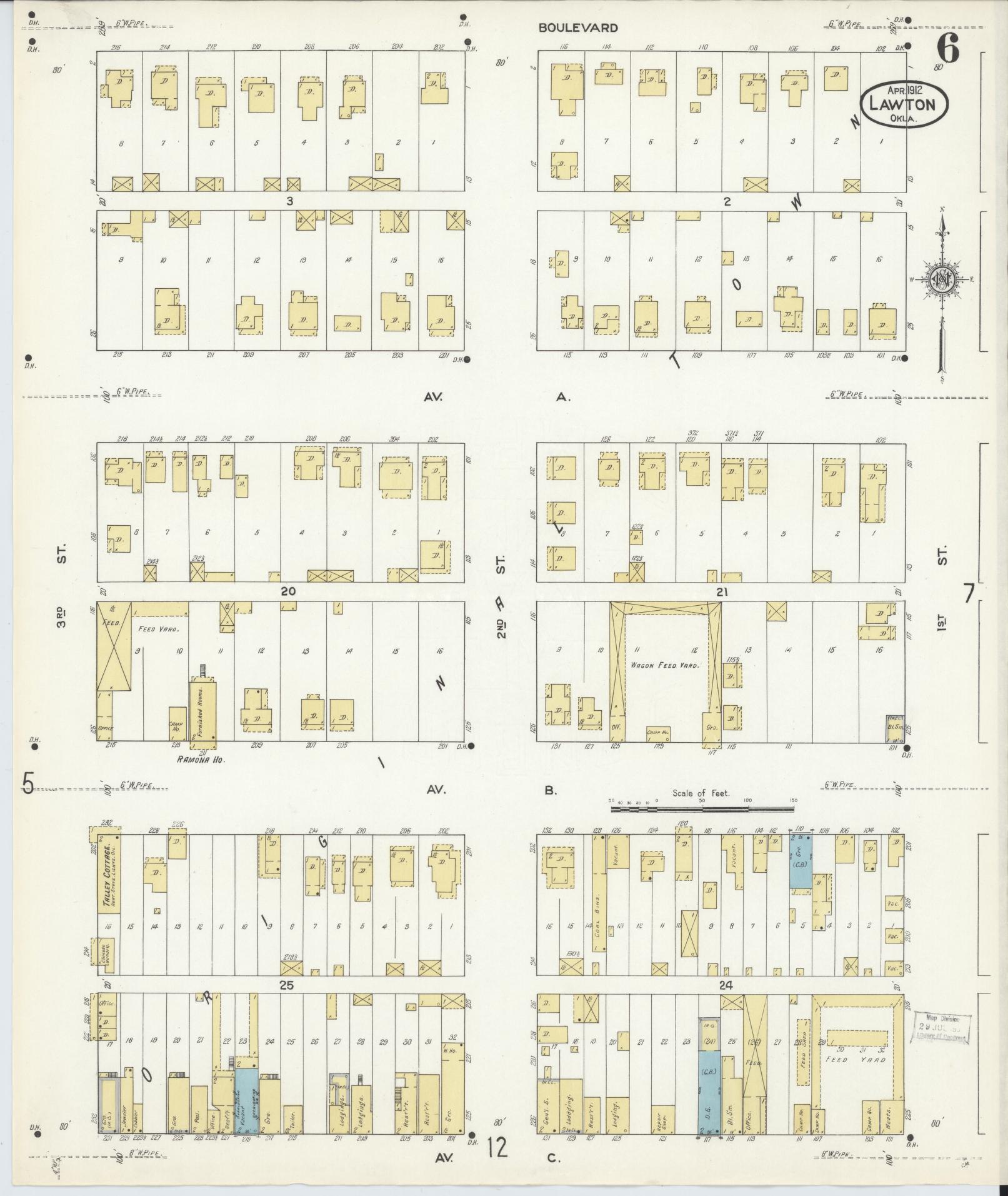 Sanborn Fire Insurance Map from Lawton, Comanche County, Oklahoma (1912), Sheet #0006 - Historic Sanborn Fire Insurance Map Print, vintage old map wall art, antique decor, genealogy gift, Oklahoma Oklahoma map