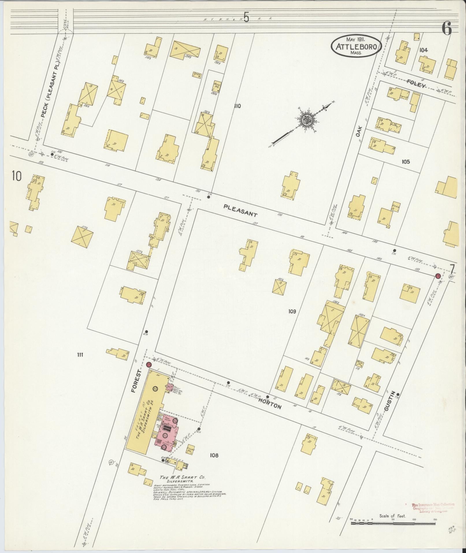 Sanborn Fire Insurance Map from Attleboro, Bristol County, Massachusetts (1911), Sheet #0006 - Historic Sanborn Fire Insurance Map Print, vintage old map wall art, antique decor, genealogy gift, Massachusetts Massachusetts map