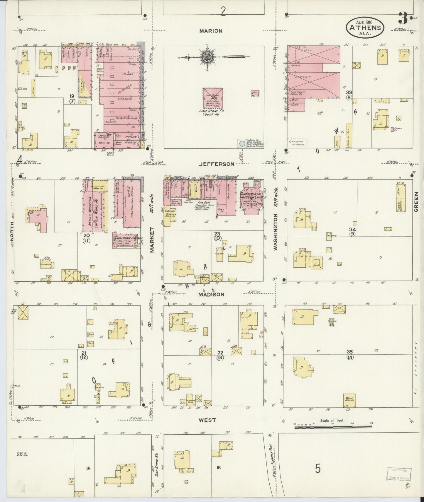 Sanborn Fire Insurance Map from Athens, Limestone County, Alabama (1910), Sheet #0003 - Complete Map Set gallery image, historic Sanborn map, vintage wall art, Alabama Alabama