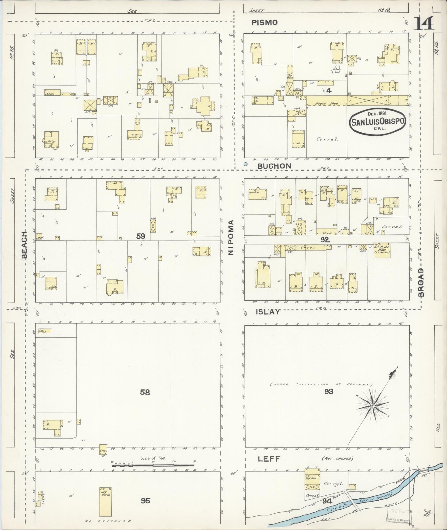 Sanborn Fire Insurance Map from San Luis Obispo, San Luis Obispo County, California (1891), Sheet #0014 - Complete Map Set gallery image, historic Sanborn map, vintage wall art, California California