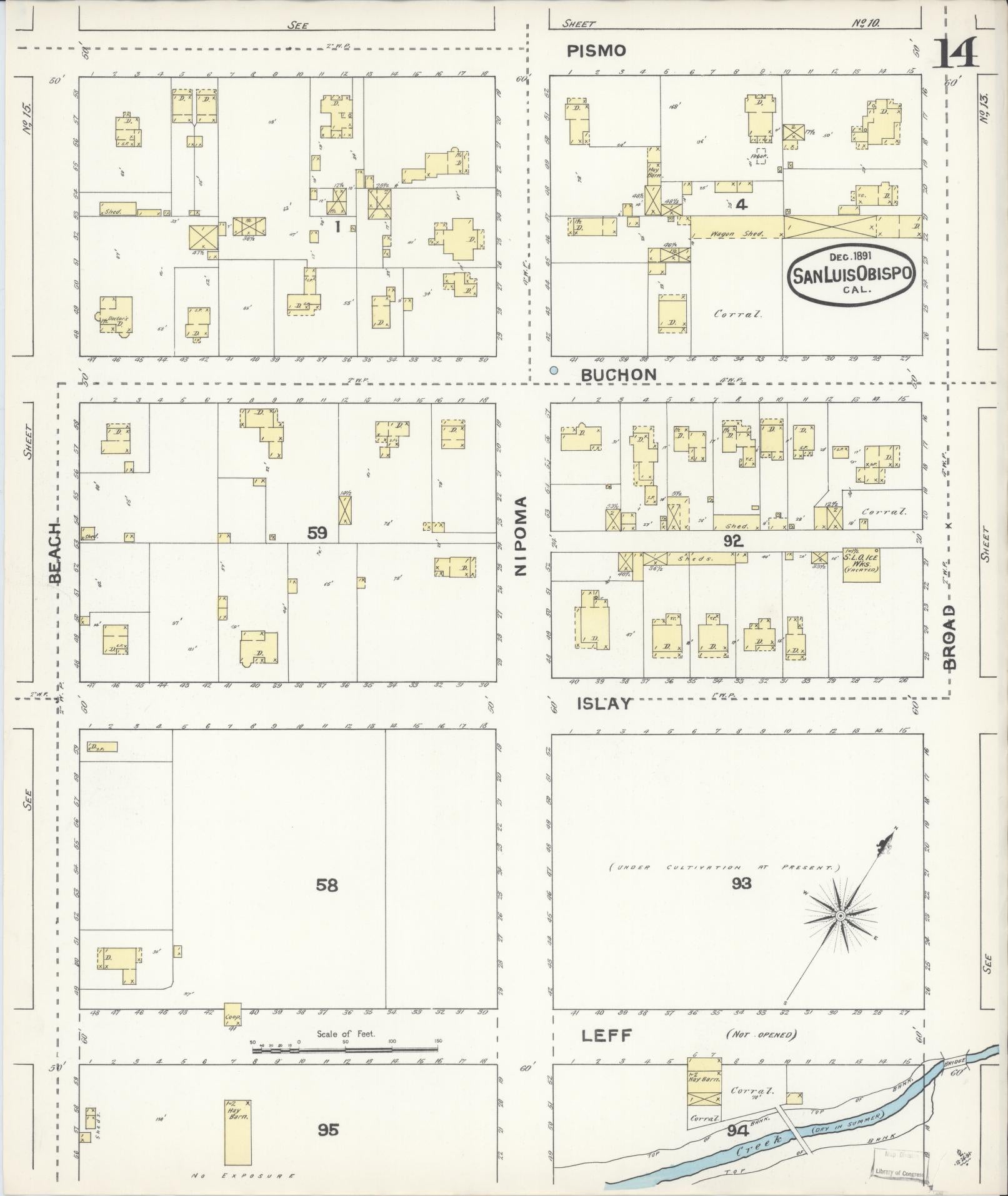 Sanborn Fire Insurance Map from San Luis Obispo, San Luis Obispo County, California (1891), Sheet #0014 - Complete Map Set gallery image, historic Sanborn map, vintage wall art, California California