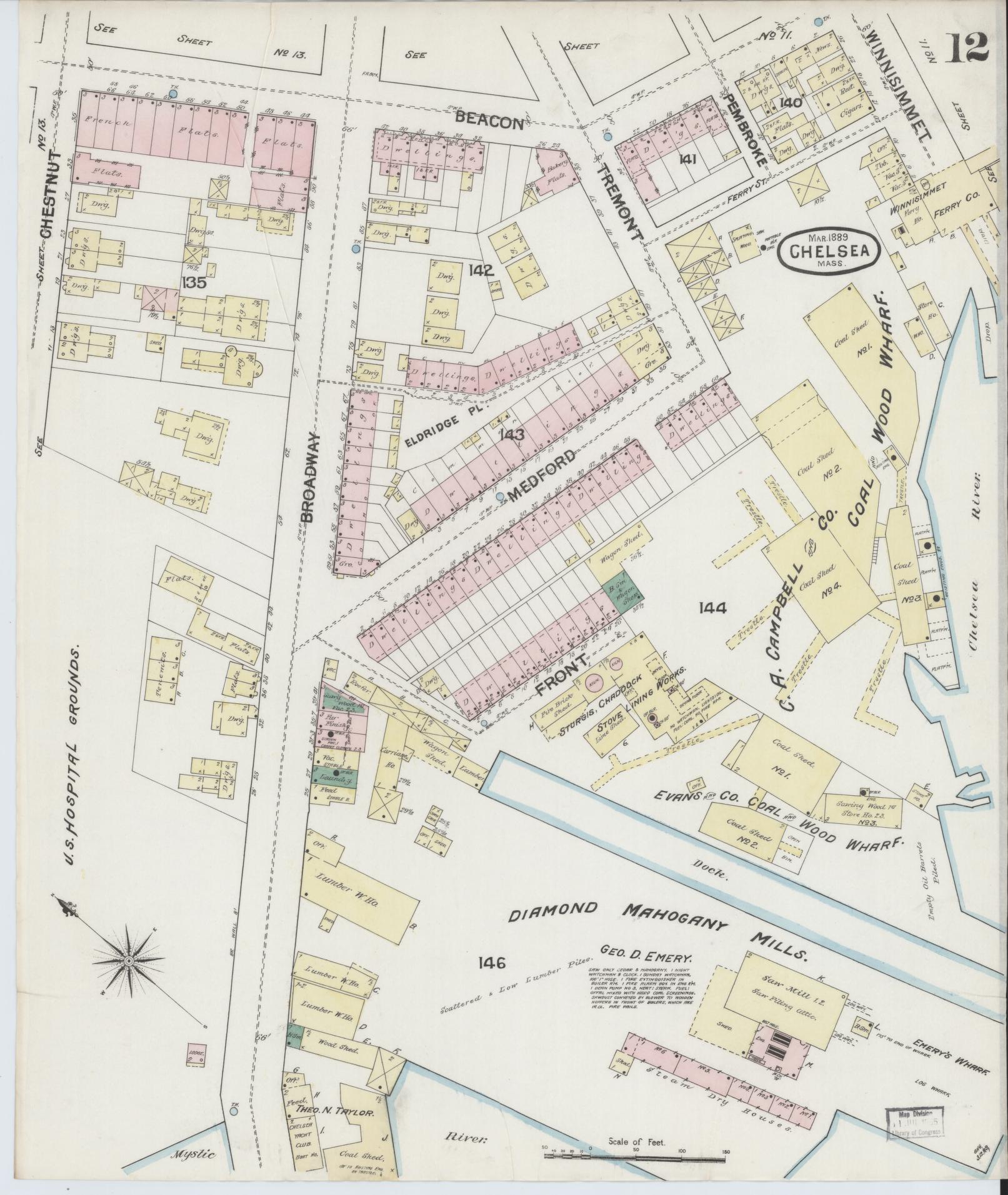 Sanborn Fire Insurance Map from Chelsea, Suffolk County, Massachusetts (1889), Sheet #0012 - Complete Map Set gallery image, historic Sanborn map, vintage wall art, Massachusetts Massachusetts