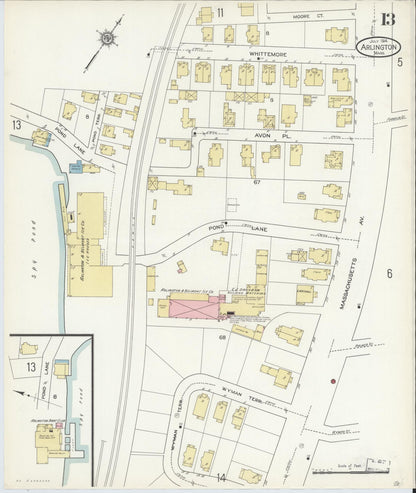 Sanborn Fire Insurance Map from Arlington, Middlesex County, Massachusetts (1914), Sheet #0013 - Historic Sanborn Fire Insurance Map Print, vintage old map wall art, antique decor, genealogy gift, Massachusetts Massachusetts map