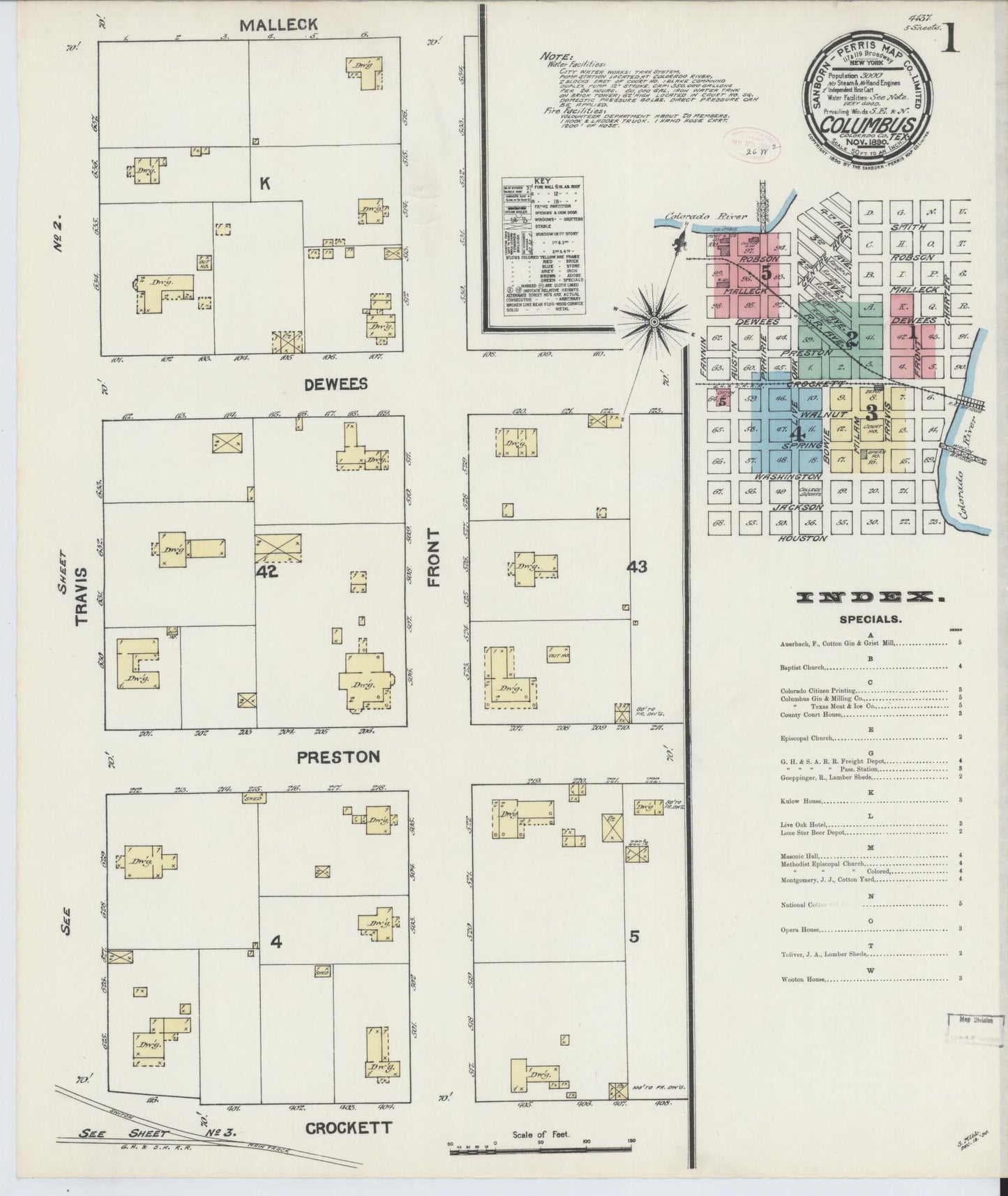 Sanborn Fire Insurance Map from Columbus, Colorado County, Texas (1890), Sheet #0001 - Historic Sanborn Fire Insurance Map Print, vintage old map wall art, antique decor, genealogy gift, Columbus Colorado map