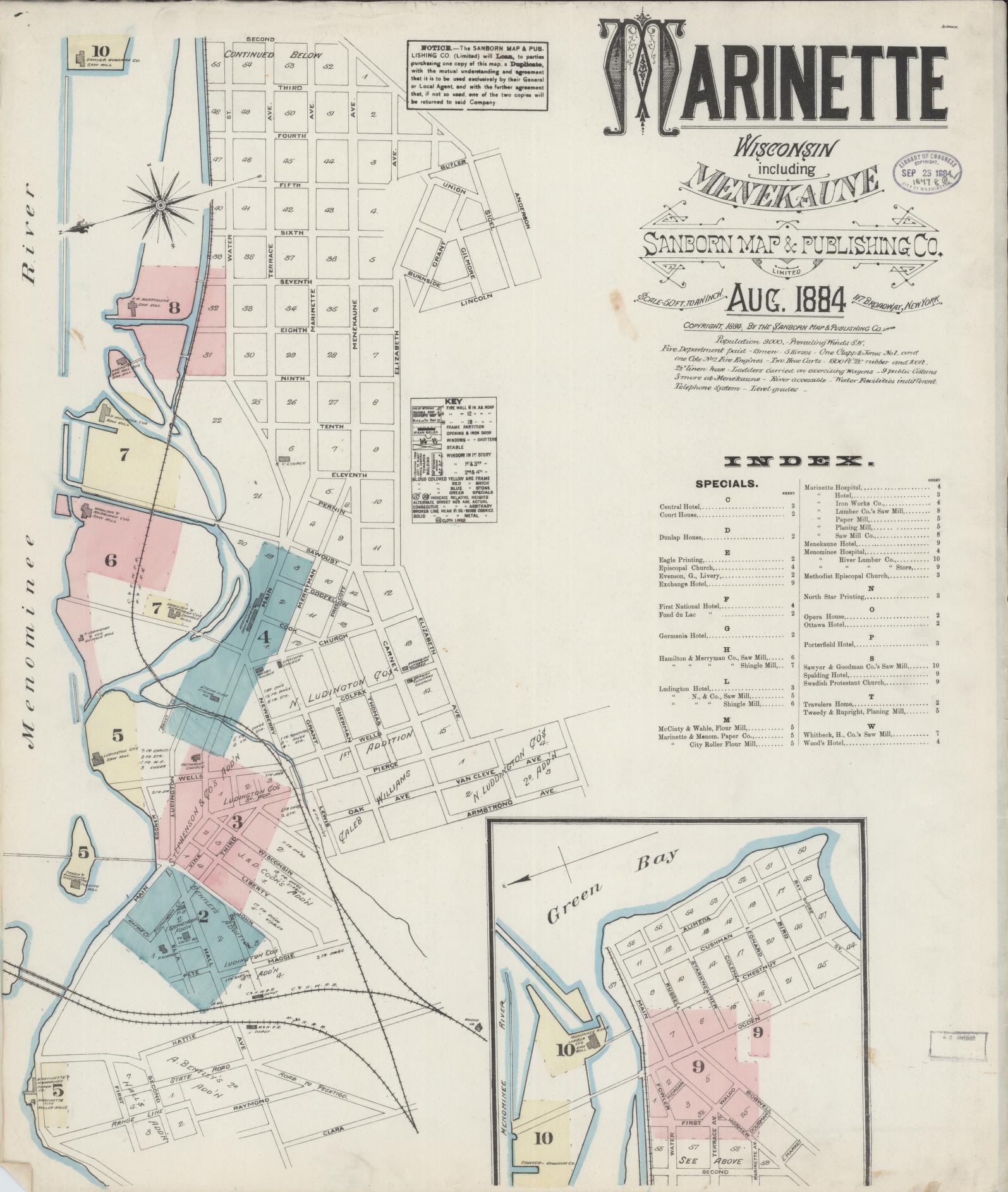 Sanborn Fire Insurance Map from Marinette, Marinette County, Wisconsin (1884), Sheet #0001 - Complete Map Set gallery image, historic Sanborn map, vintage wall art, Wisconsin Wisconsin