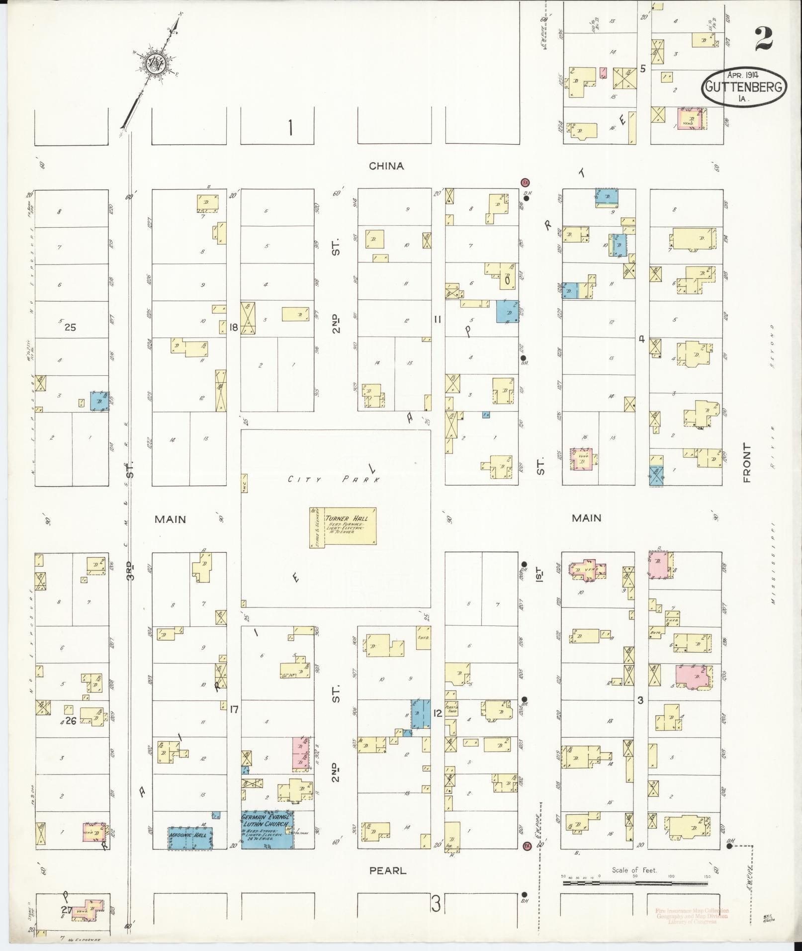 Sanborn Fire Insurance Map from Guttenberg, Clayton County, Iowa (1914), Sheet #0002 - Historic Sanborn Fire Insurance Map Print, vintage old map wall art
