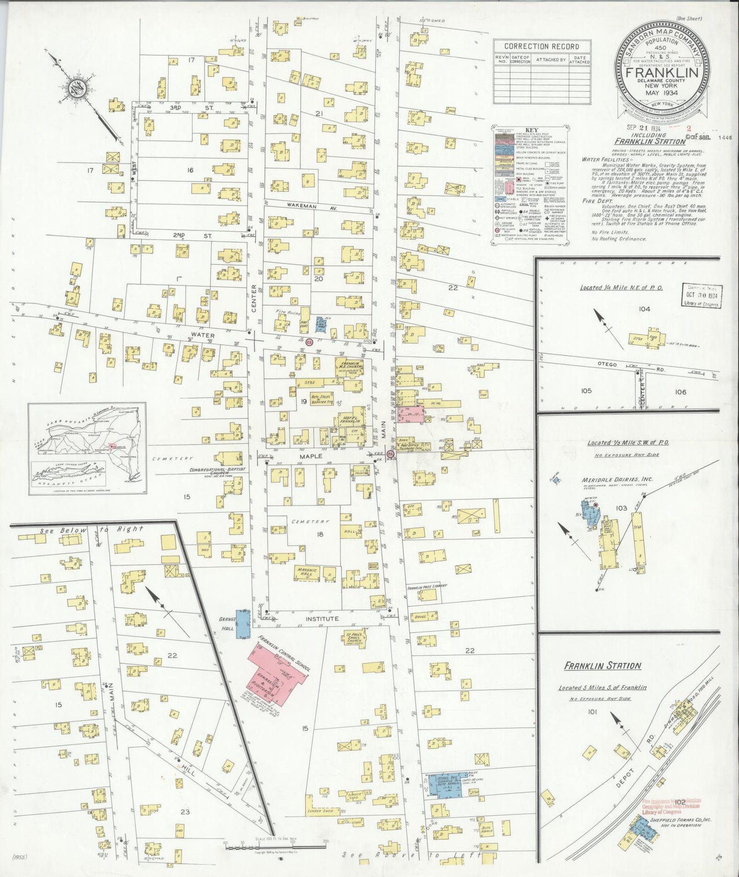 Sanborn Fire Insurance Map from Franklin, Delaware County, New York (1934), Sheet #0001 - Historic Sanborn Fire Insurance Map Print, vintage old map wall art, antique decor, genealogy gift, New York New York map