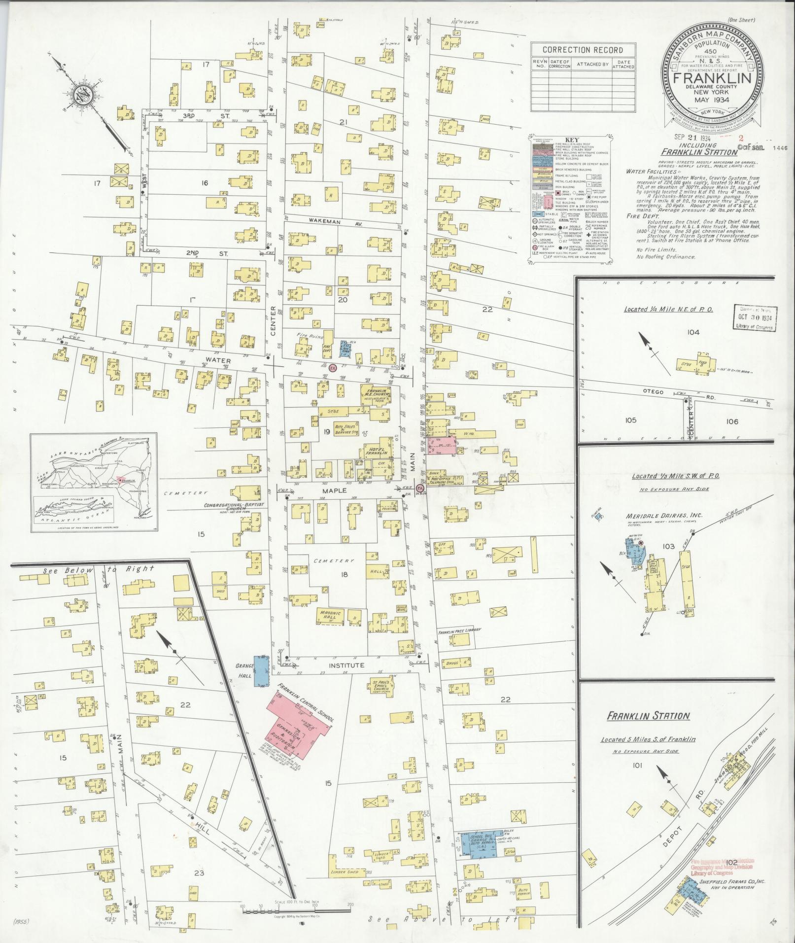 Sanborn Fire Insurance Map from Franklin, Delaware County, New York (1934), Sheet #0001 - Historic Sanborn Fire Insurance Map Print, vintage old map wall art, antique decor, genealogy gift, New York New York map
