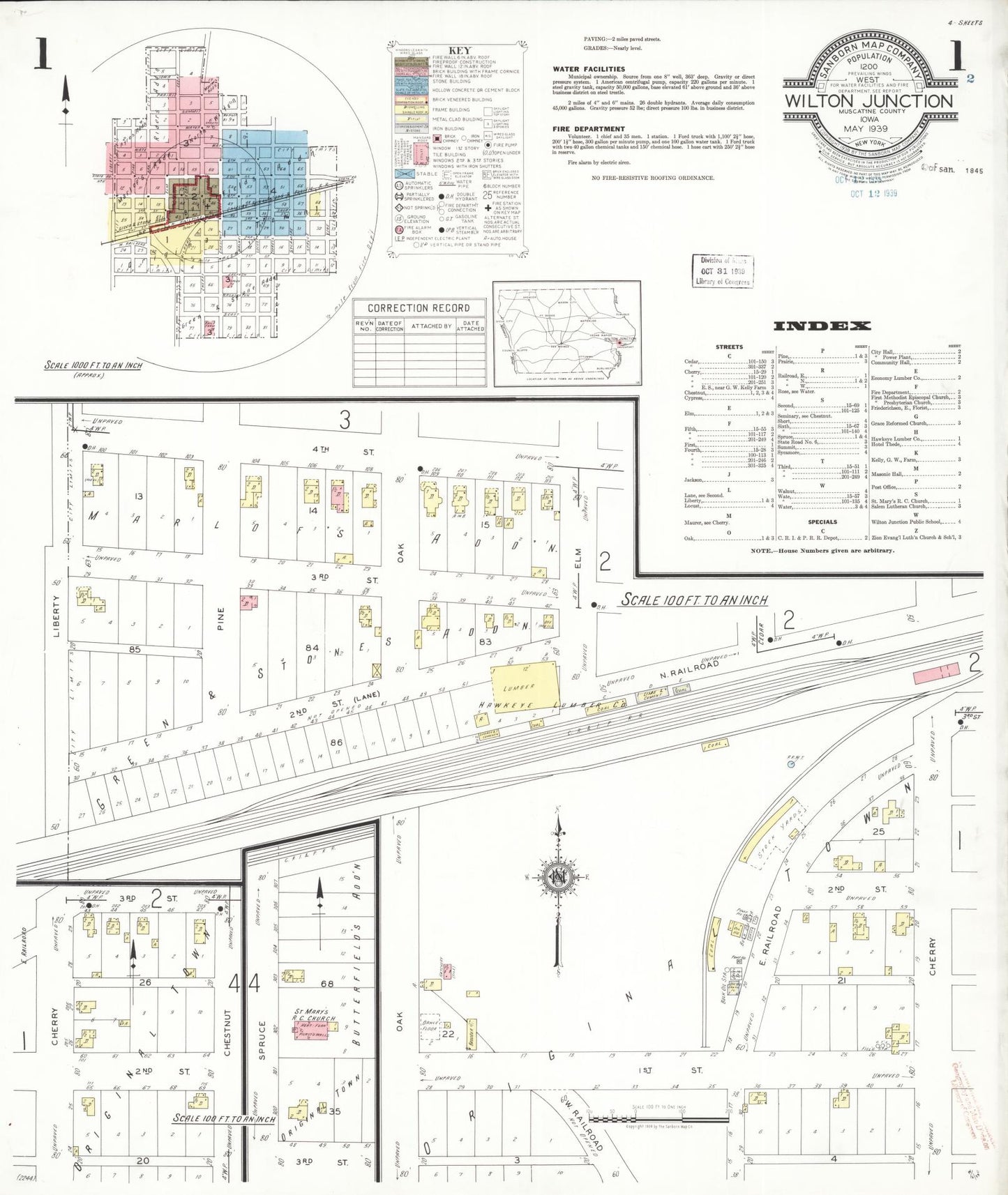 Sanborn Fire Insurance Map from Wilton Junction, Muscatine County, Iowa (1939), Sheet #0001 - Historic Sanborn Fire Insurance Map Print