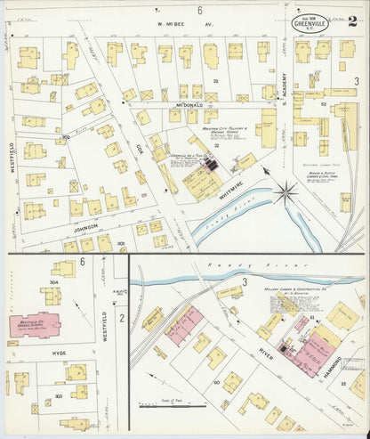Sanborn Fire Insurance Map from Greenville, Greenville County, South Carolina (1908), Sheet #0002 - Complete Map Set gallery image, historic Sanborn map, vintage wall art, South Carolina South Carolina