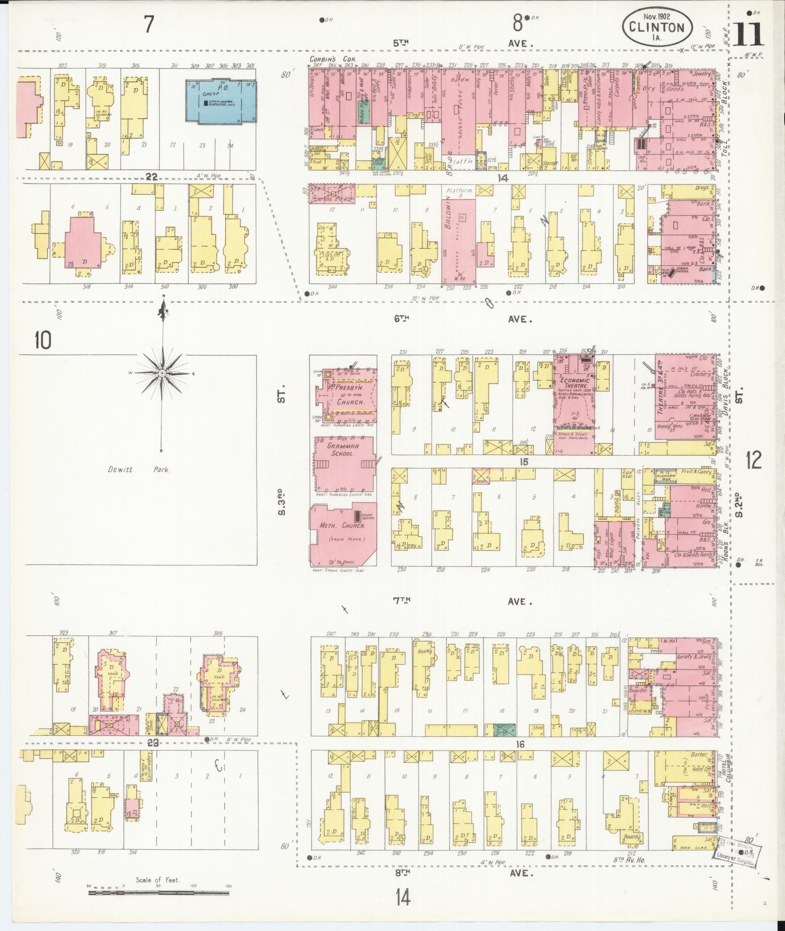 Sanborn Fire Insurance Map from Clinton, Clinton County, Iowa (1902), Sheet #0011 - Historic Sanborn Fire Insurance Map Print, vintage old map wall art