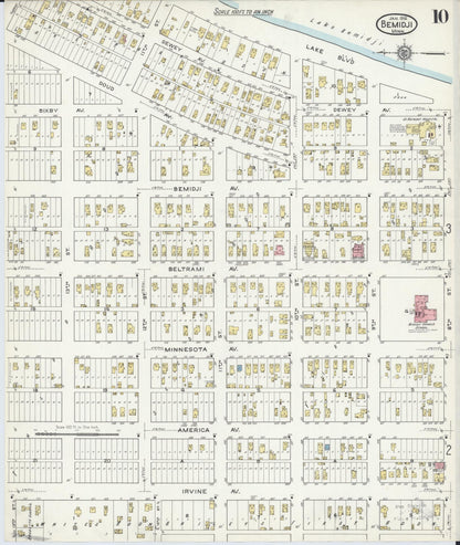 Sanborn Fire Insurance Map from Bemidji, Beltrami County, Minnesota (1916), Sheet #0010 - Historic Sanborn Fire Insurance Map Print, vintage old map wall art, antique decor, genealogy gift, Minnesota Minnesota map