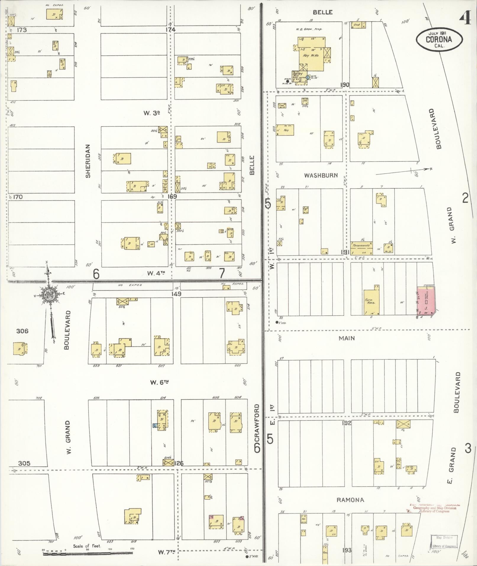 Sanborn Fire Insurance Map from Corona, Riverside County, California (1911), Sheet #0004 - Historic Sanborn Fire Insurance Map Print, vintage old map wall art, antique decor, genealogy gift, California California map