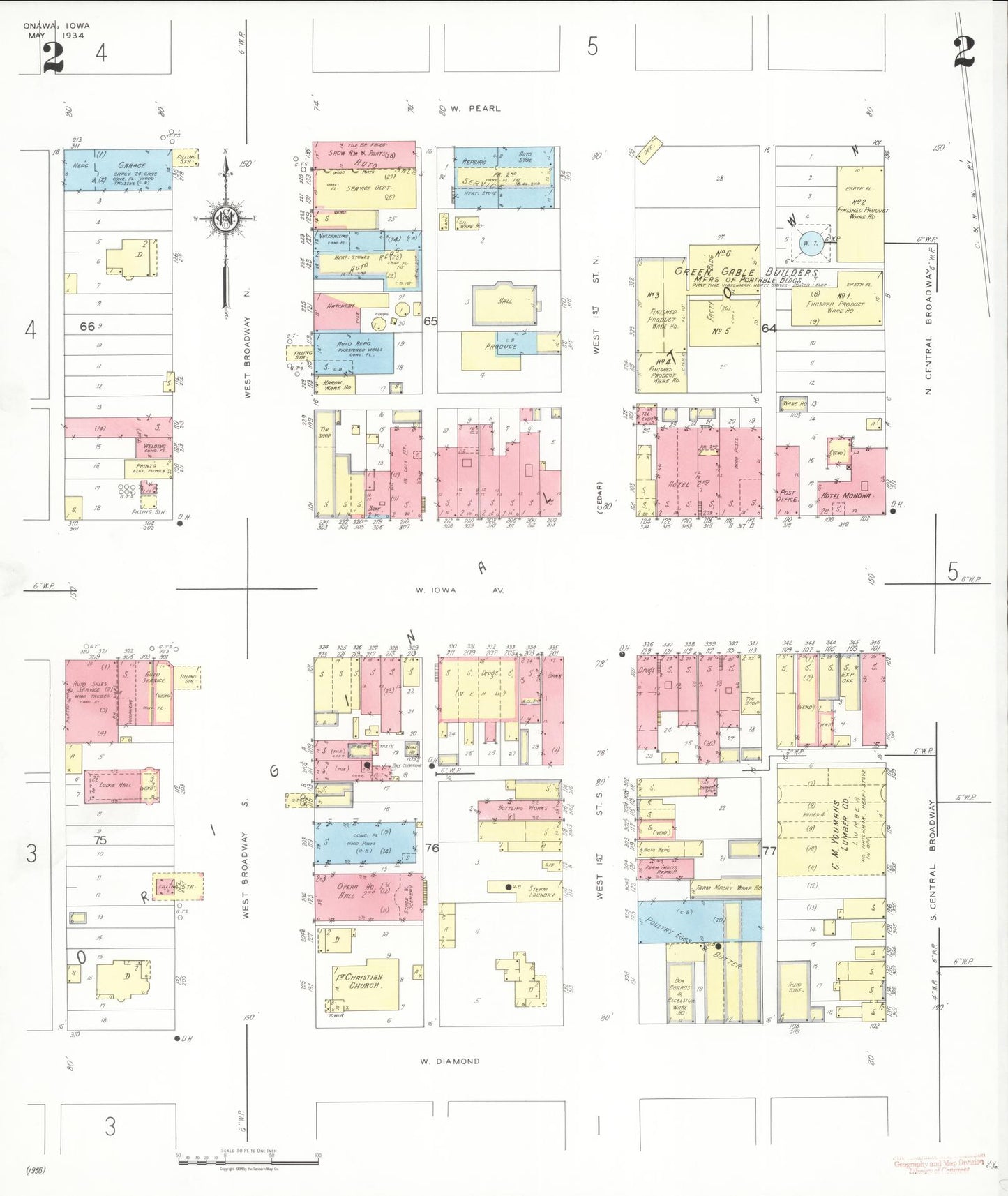 Sanborn Fire Insurance Map from Onawa, Monona County, Iowa (1934), Sheet #0002 - Historic Sanborn Fire Insurance Map Print